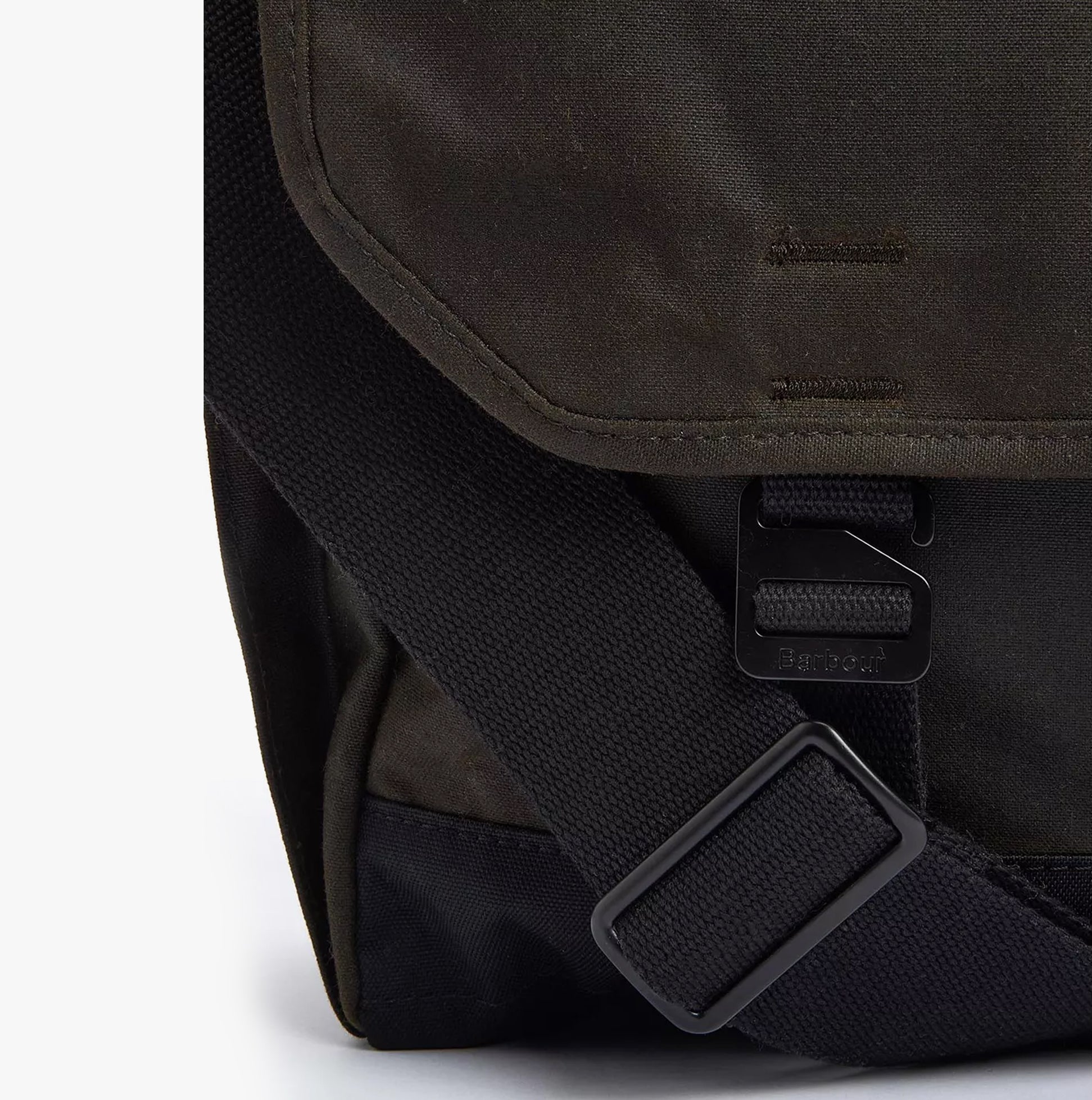 Barbour FIELD WAX Unisex Adults Messenger Bag Olive detail view showcasing the buckle and adjustable strap.
