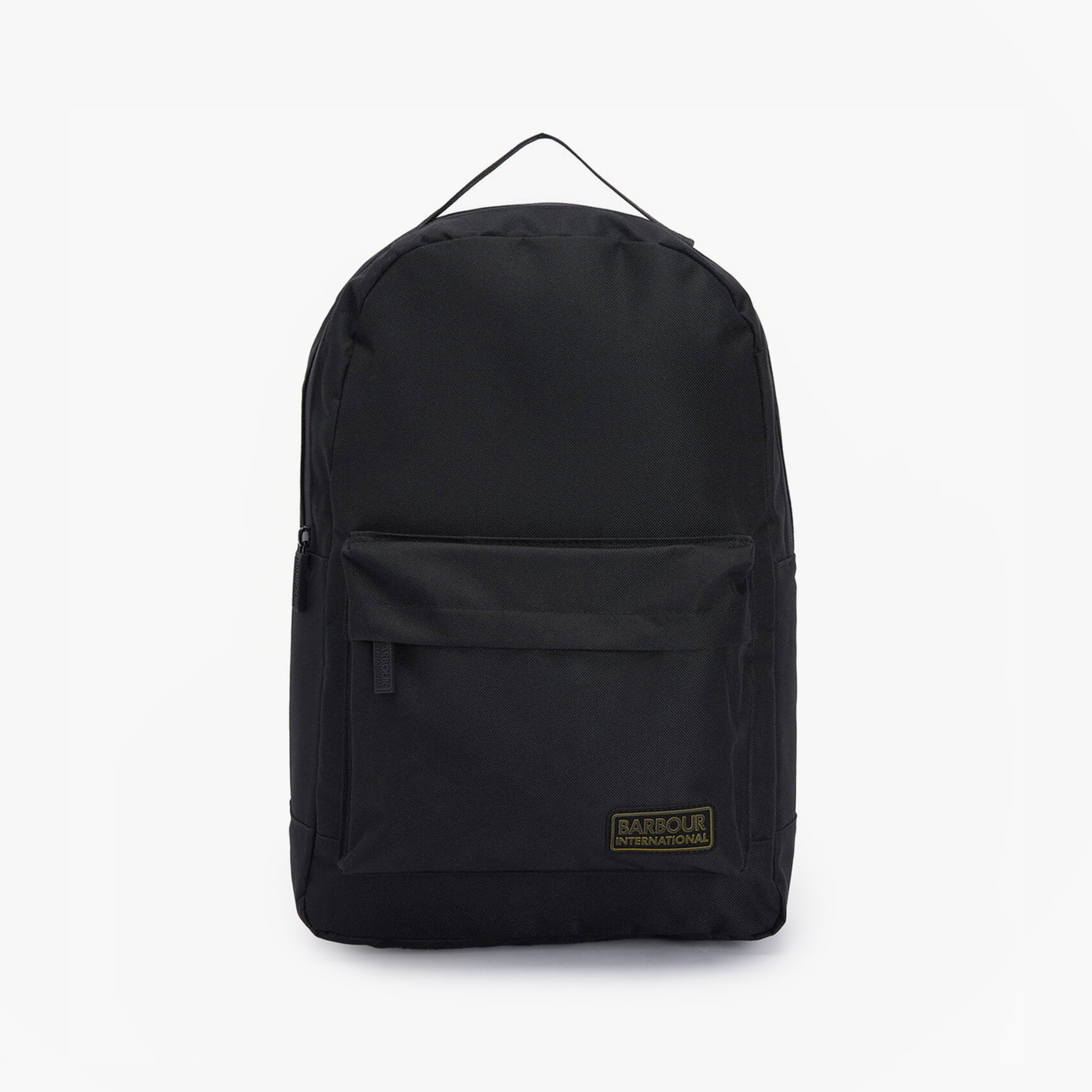 Barbour KNOCKHILL ESSENTIAL BACKPACK Unisex Adults Backpack Black front view with zip closure and molded badge.