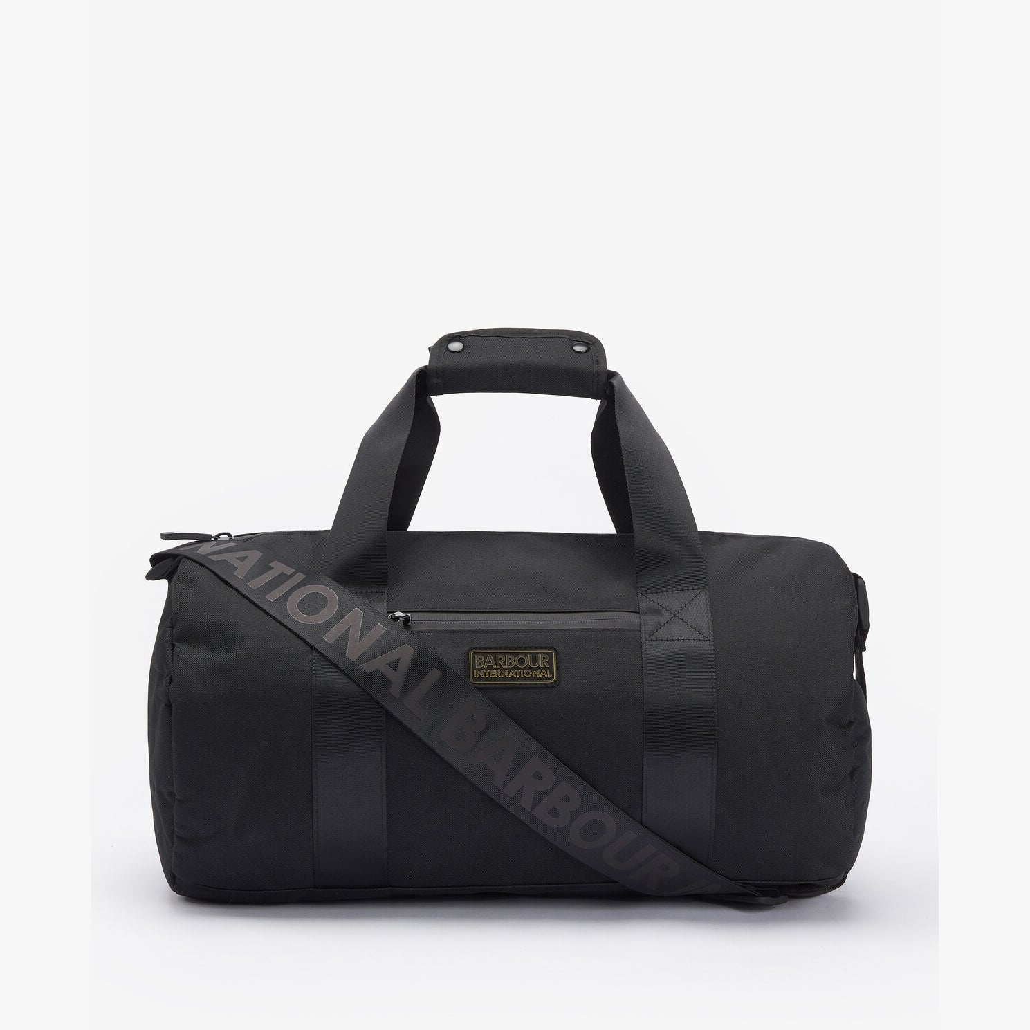 Barbour KNOCKHILL ESSENTIAL HOLDALL Unisex Adults Holdall Black front view, featuring zip closure and branded crossbody strap.