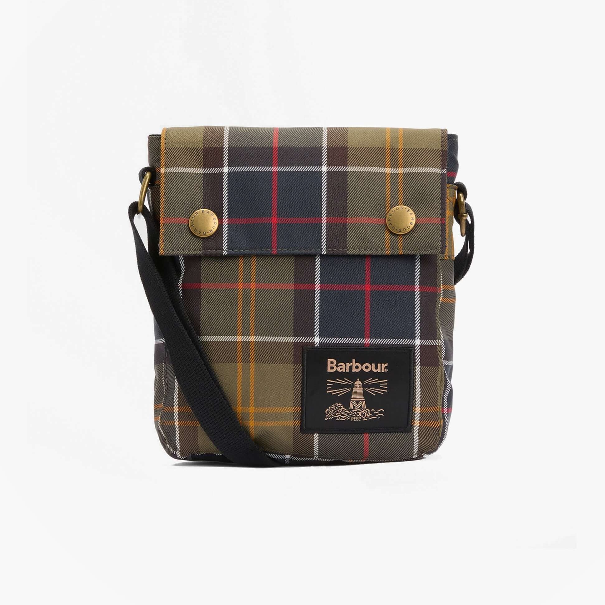 Barbour TORRIDON TARTAN Mens Flight Bag Classic Tartan front view with button closure and shoulder strap.