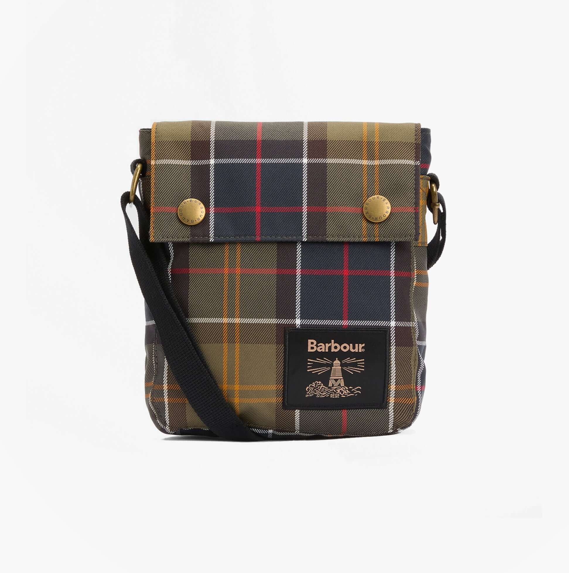 Barbour TORRIDON TARTAN Mens Flight Bag Classic Tartan front view with button closure and shoulder strap.