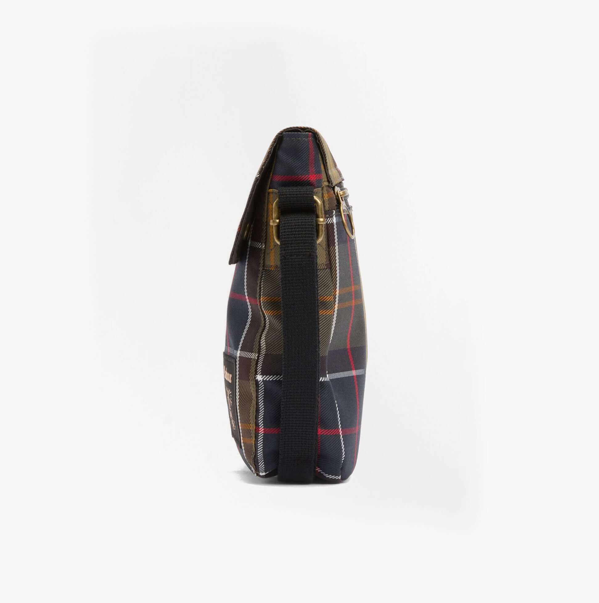 Barbour TORRIDON TARTAN Mens Flight Bag Classic Tartan side view showcasing classic tartan design and sturdy strap.
