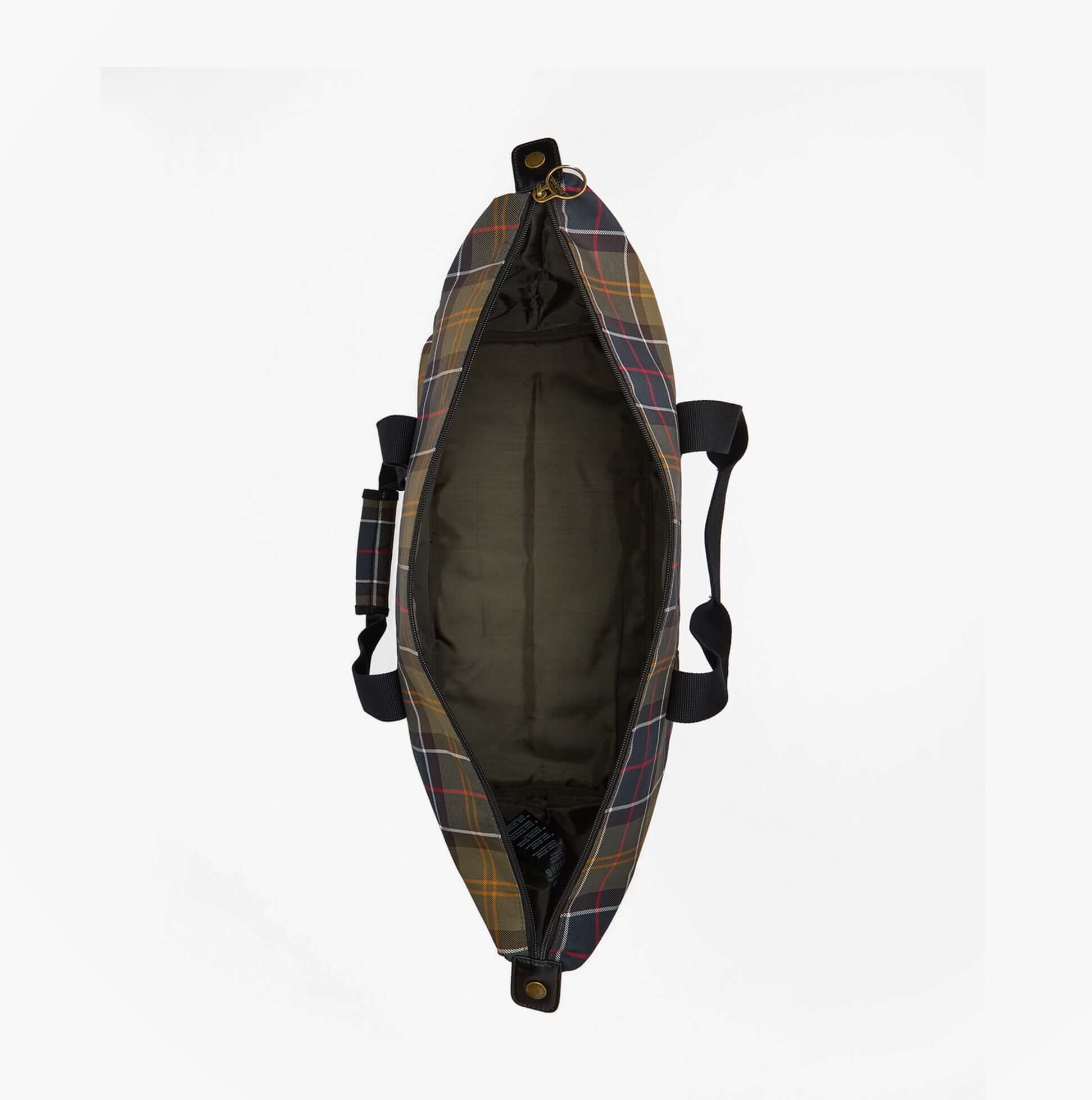 Barbour TORRIDON TARTAN Carry All Bag Classic Tartan top view showing interior and zip closure features.