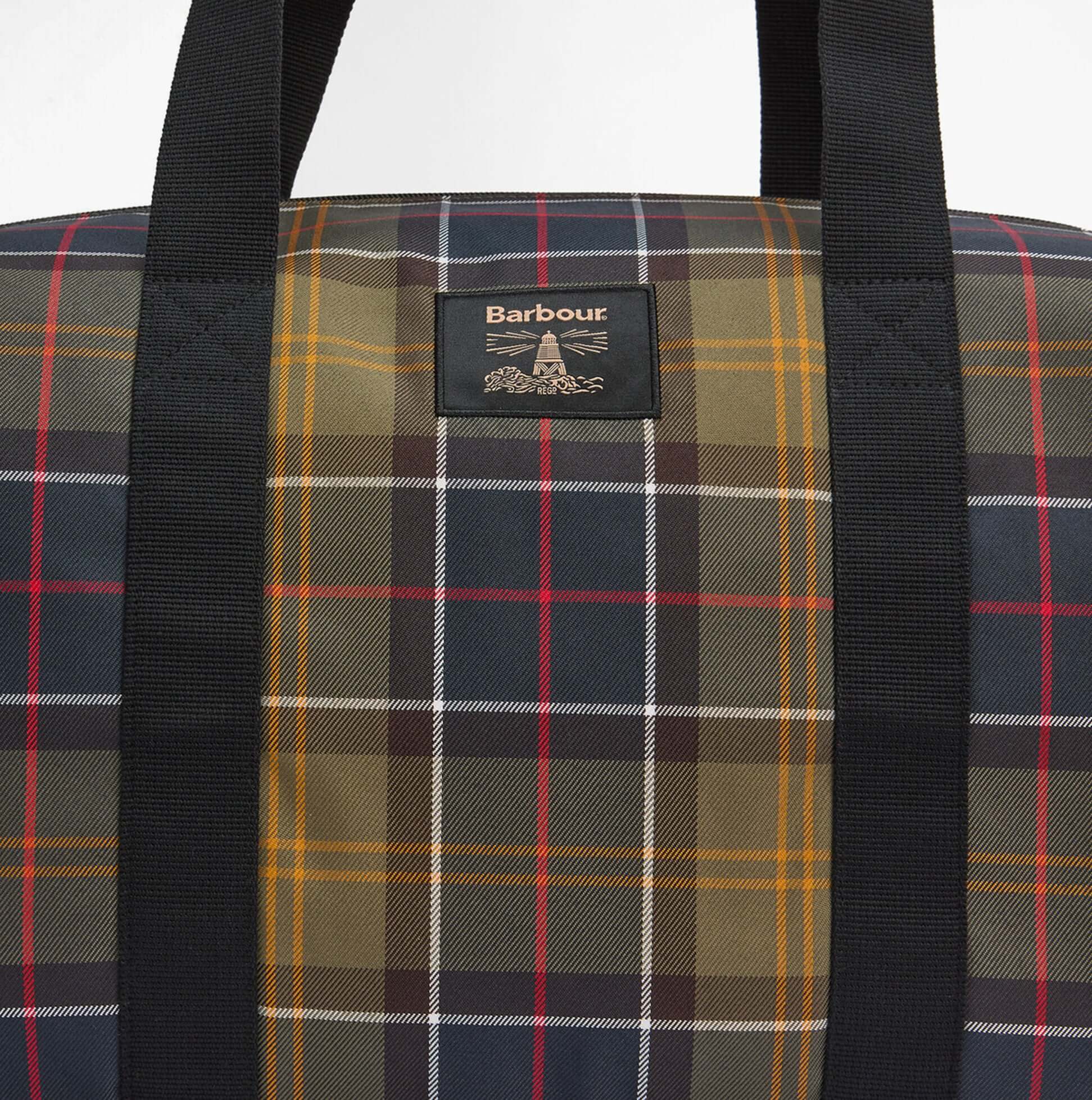 Barbour TORRIDON TARTAN Carry All Bag Classic Tartan detail view of tartan pattern and logo