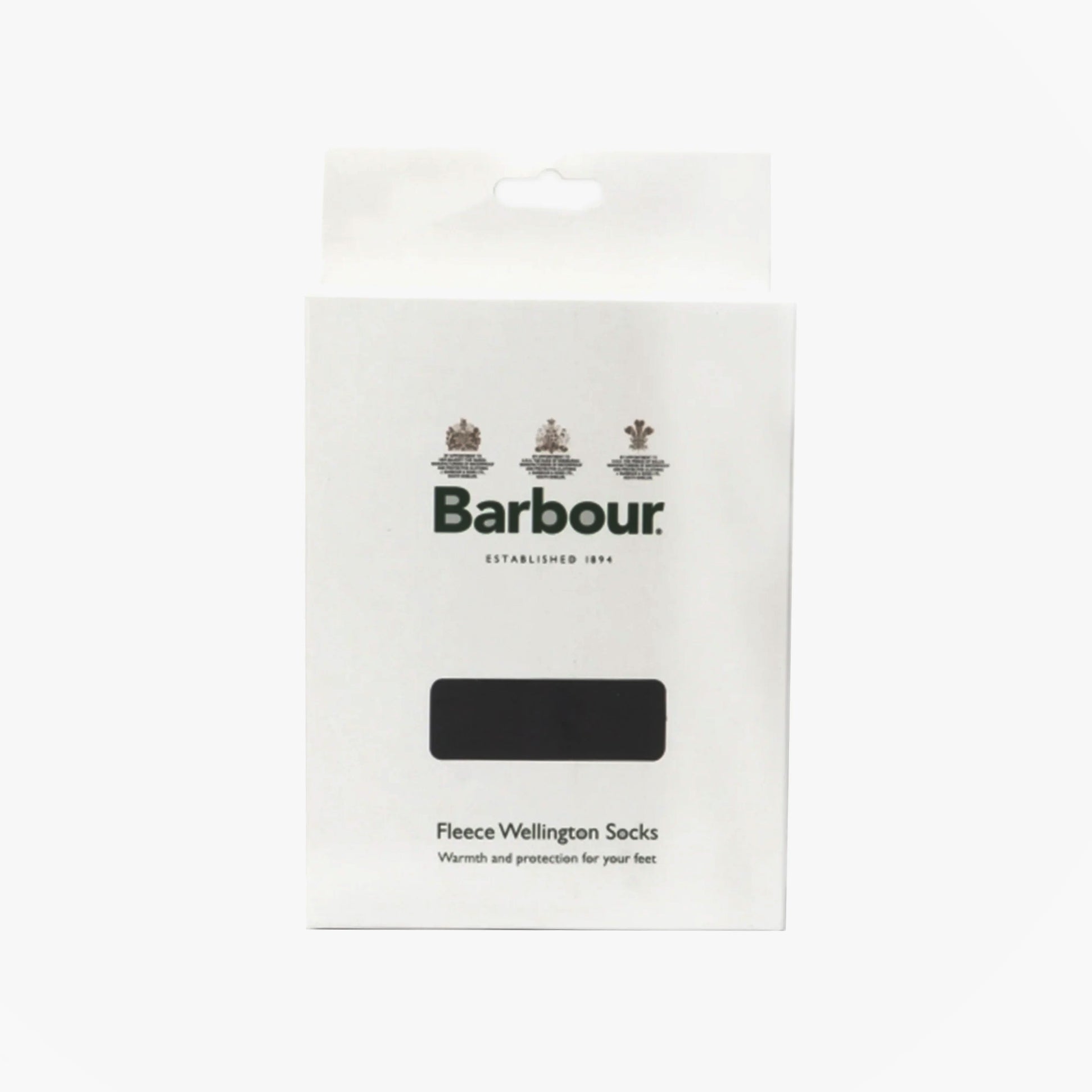 Barbour Fleece Wellington Unisex Socks Black front view in packaging, showcasing logo and product details.