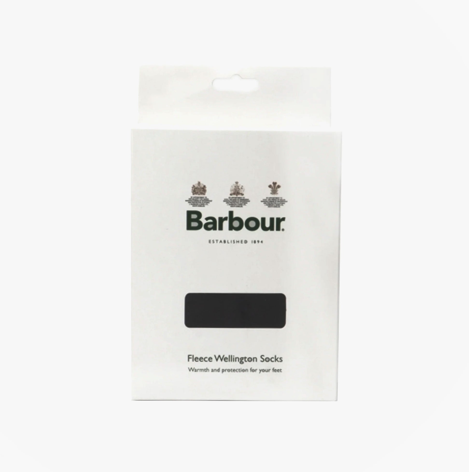 Barbour Fleece Wellington Unisex Socks Black front view in packaging, showcasing logo and product details.