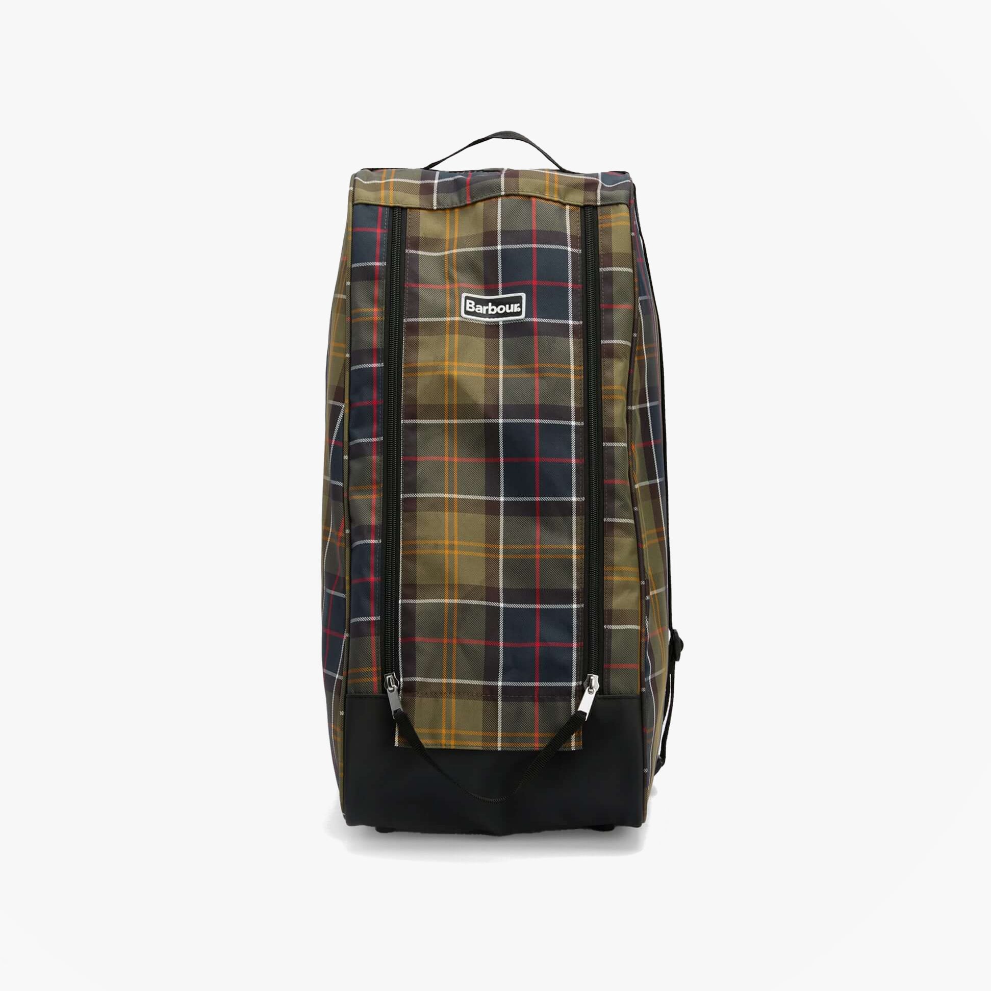 Barbour TARTAN WELLINGTON Boot Bag Classic Tartan front view with zip closure, featuring stylish tartan design.