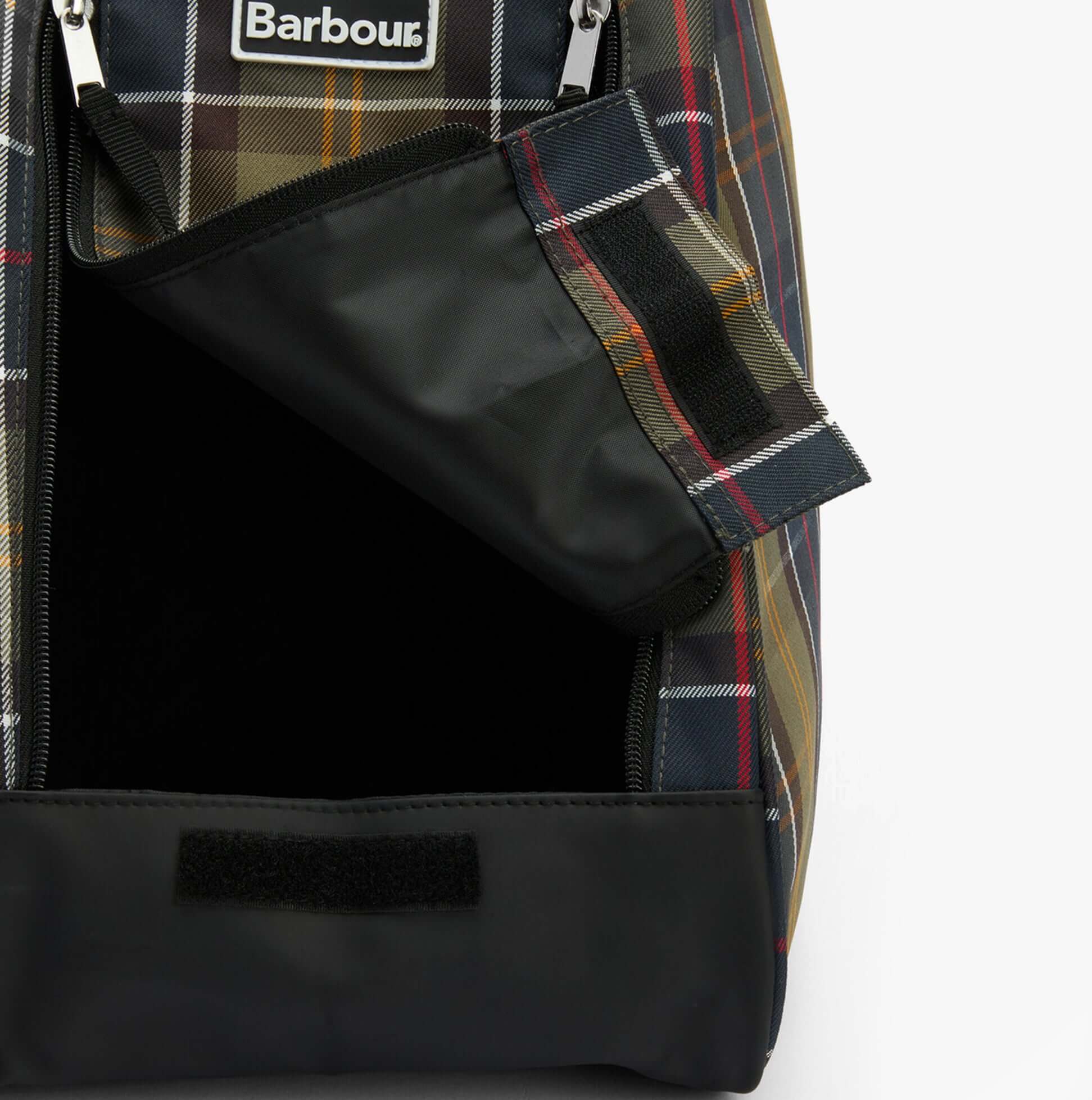 Barbour TARTAN Boot Bag Classic Tartan detail view showing zip closure and interior compartments