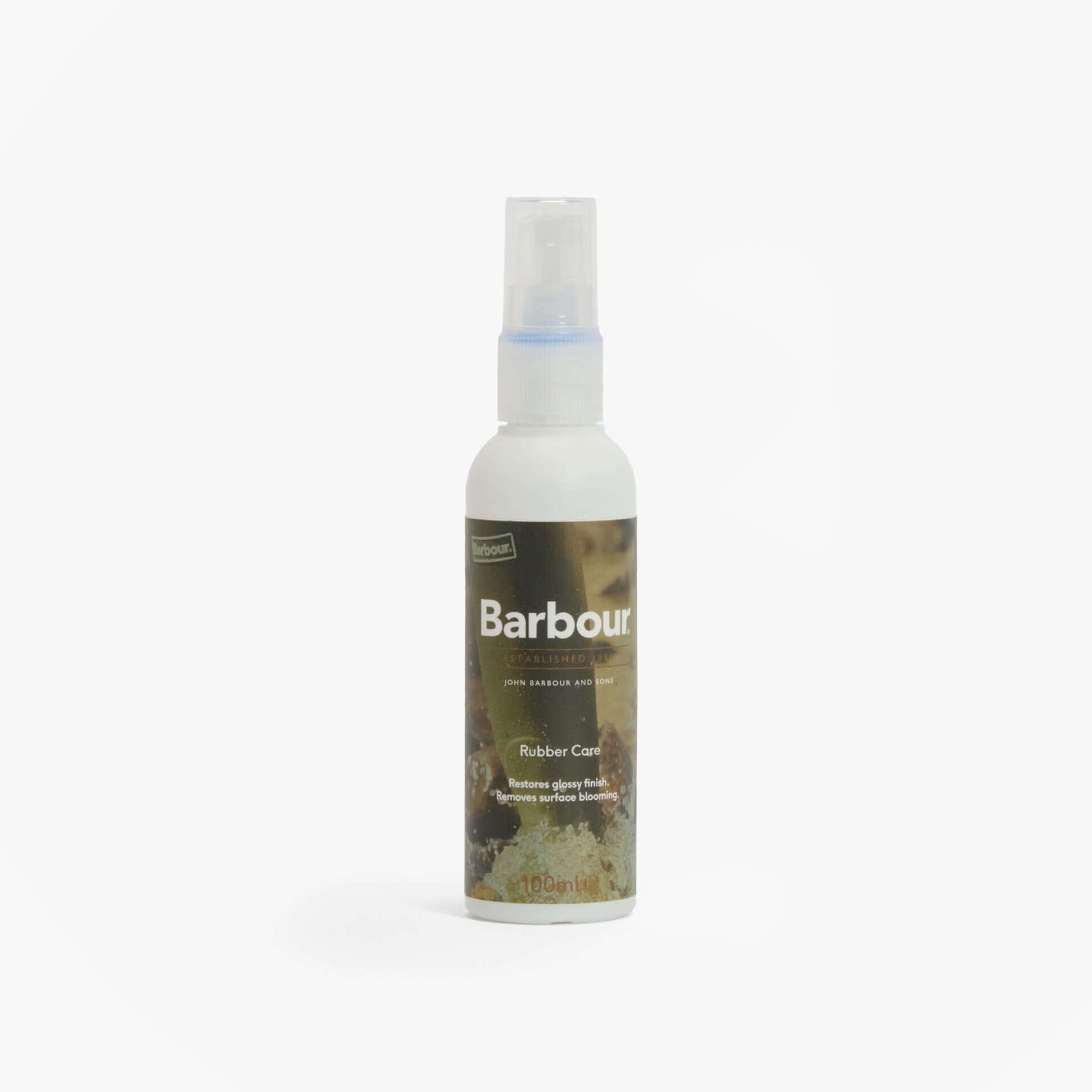 Barbour RUBBER FOOTWEAR BUFFING Spray front view, 100 ml bottle, ideal for maintaining rubber footwear.
