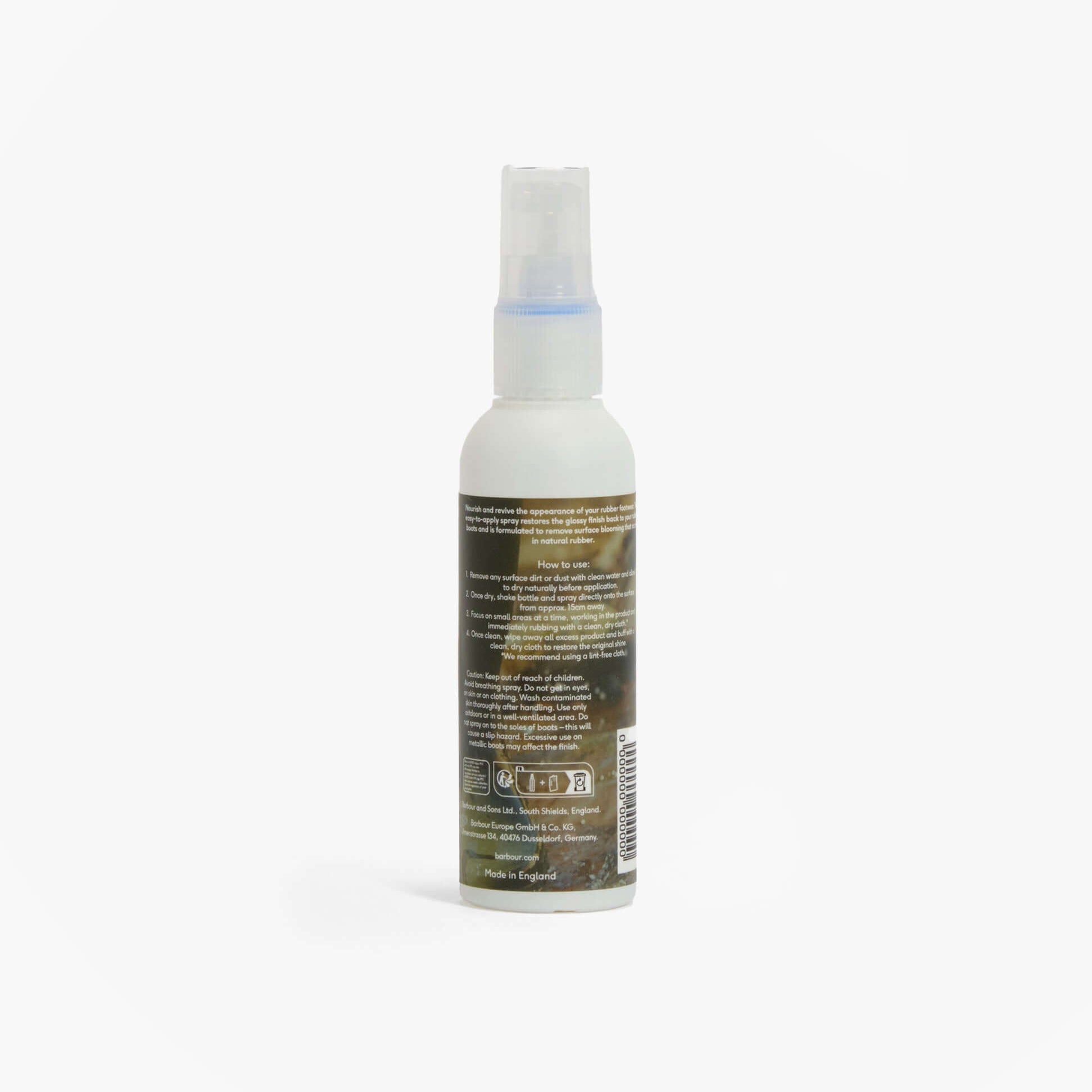 Barbour RUBBER FOOTWEAR BUFFING Spray back view, 100 ml bottle showcasing the label and instructions.