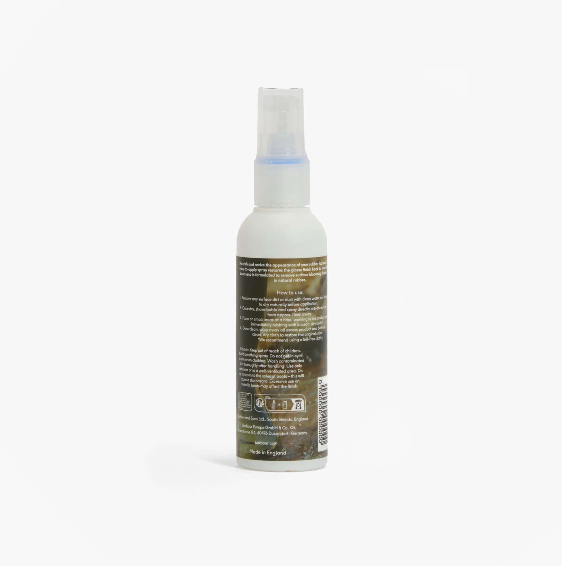 Barbour RUBBER FOOTWEAR BUFFING Spray back view, 100 ml bottle showcasing the label and instructions.