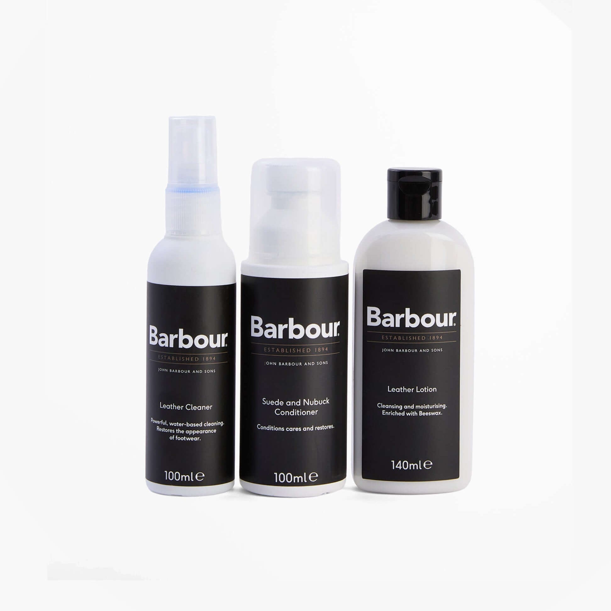 Barbour LEATHER FOOTWEAR Care Kit front view of cleaner and conditioner bottles on white background.