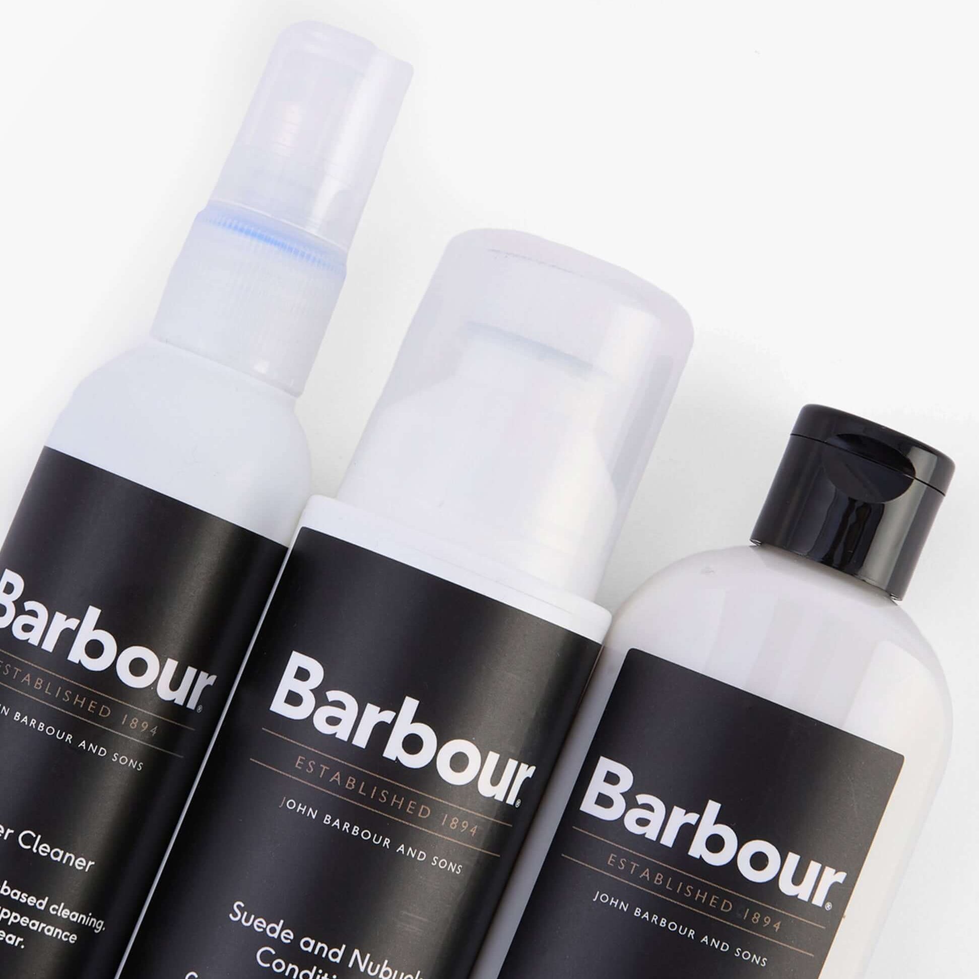Barbour LEATHER FOOTWEAR Care Kit, front view of cleaner and conditioner bottles on a white background.