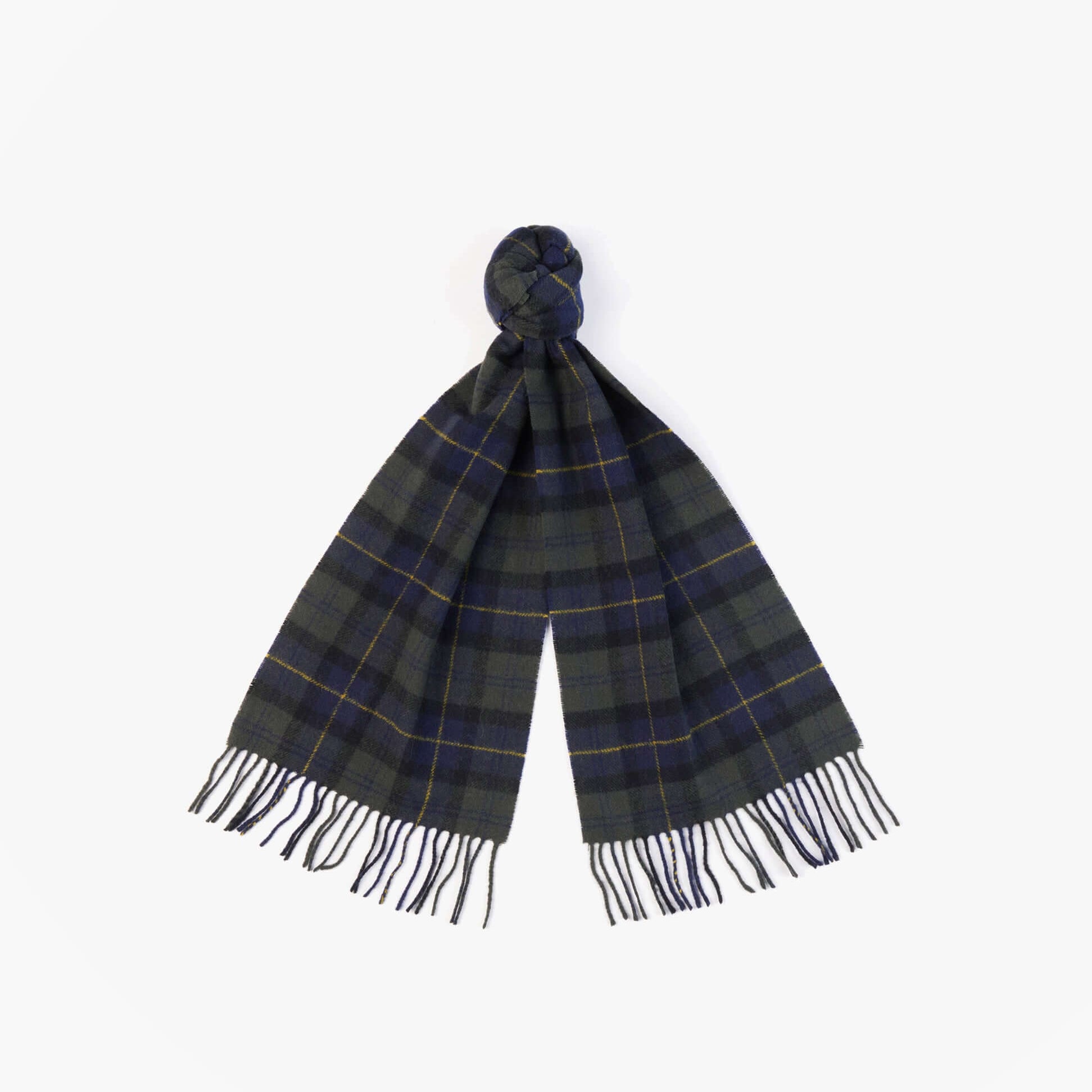Barbour TARTAN LAMBSWOOL Mens Winter Olive Night detail view of lambswool scarf with fringe.