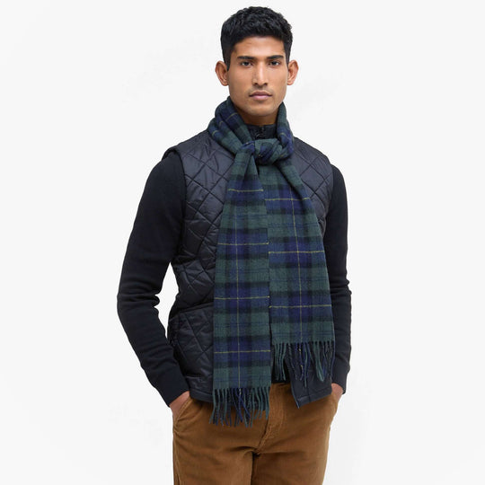 Barbour TARTAN LAMBSWOOL Mens Winter Olive Night front view worn by male model, showcasing plaid design and soft lambswool material.