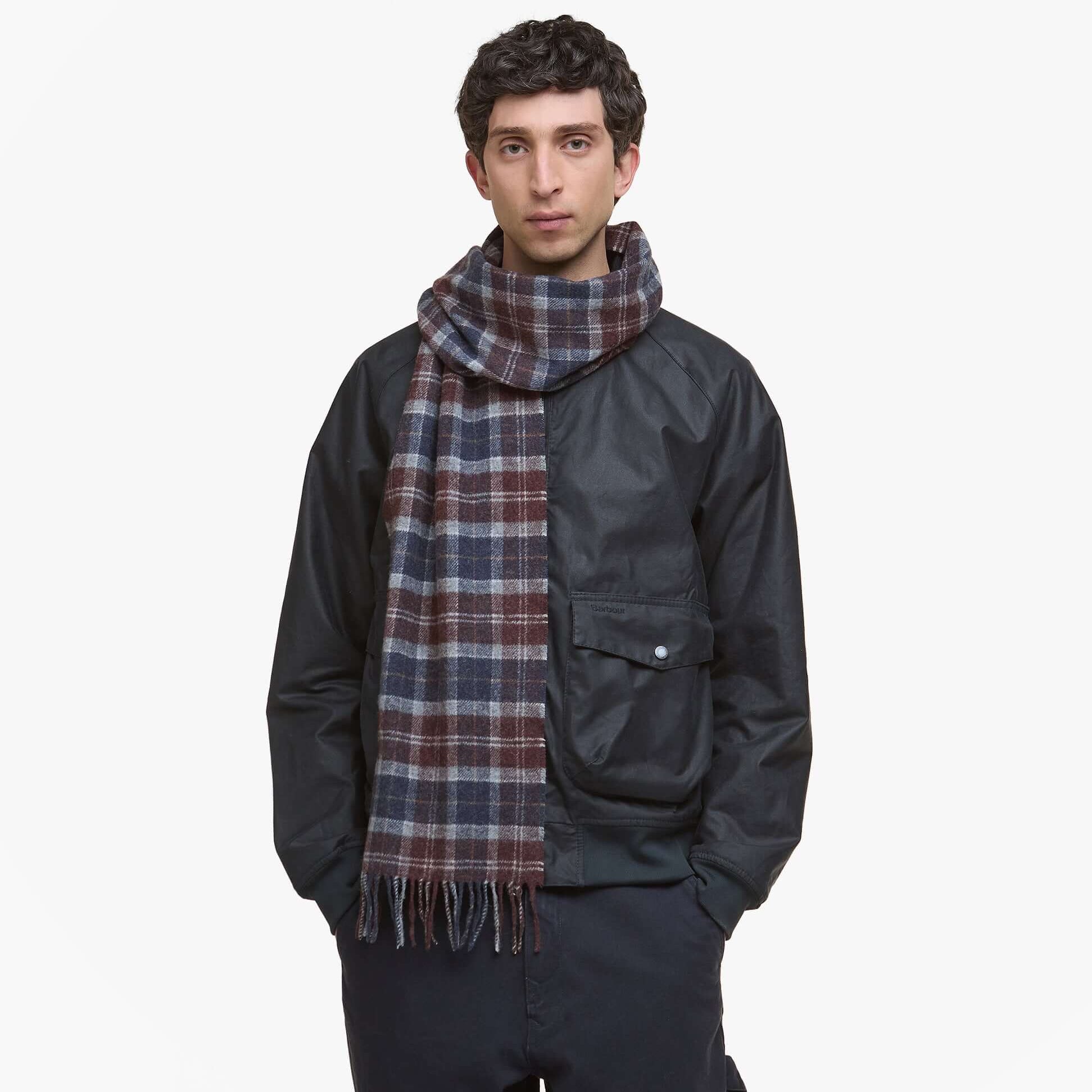 Barbour TARTAN LAMBSWOOL Mens Winter Oak Tartan front view model wearing scarf.