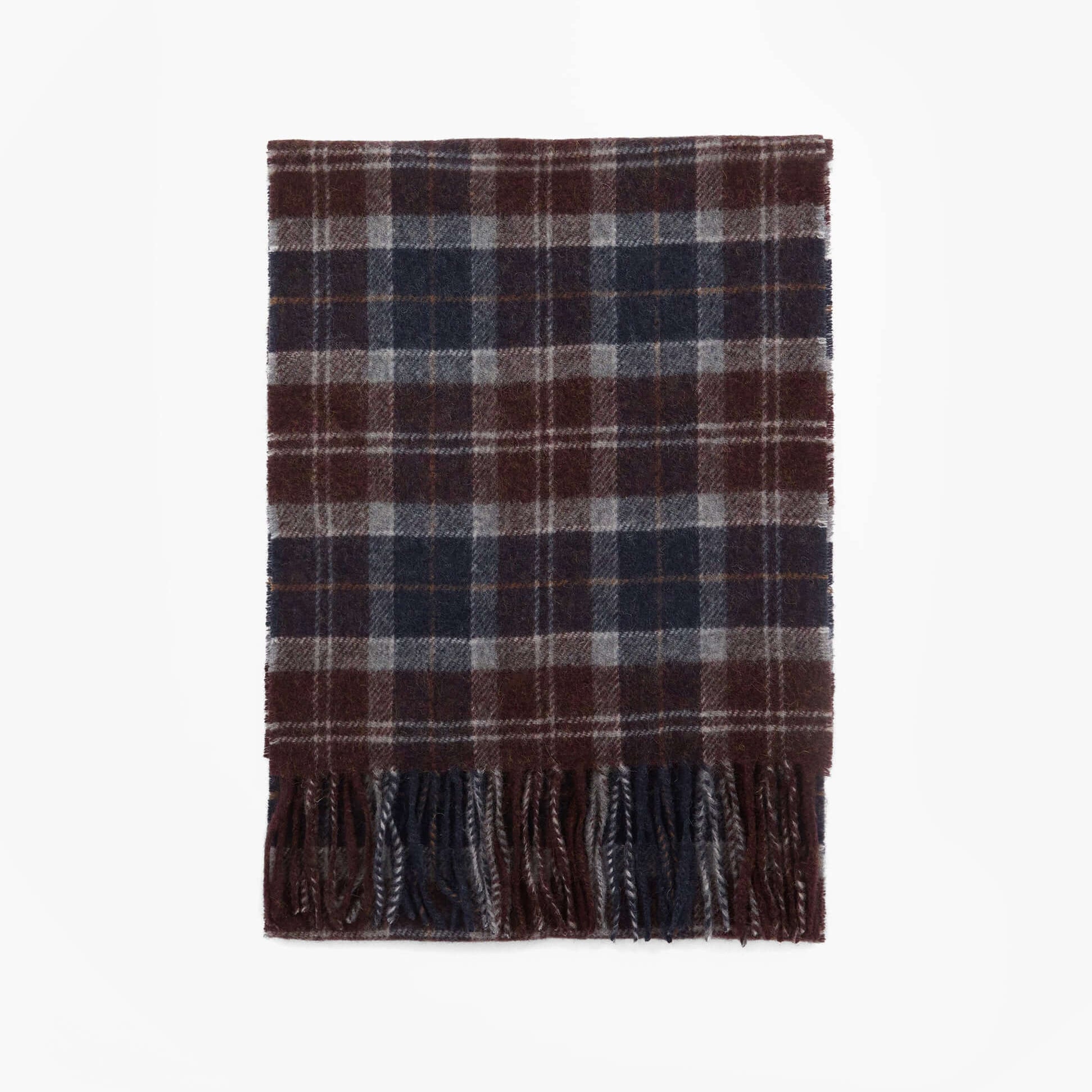Barbour TARTAN LAMBSWOOL Mens Winter Oak Tartan scarf front view in burgundy, navy, and gray tartan pattern.
