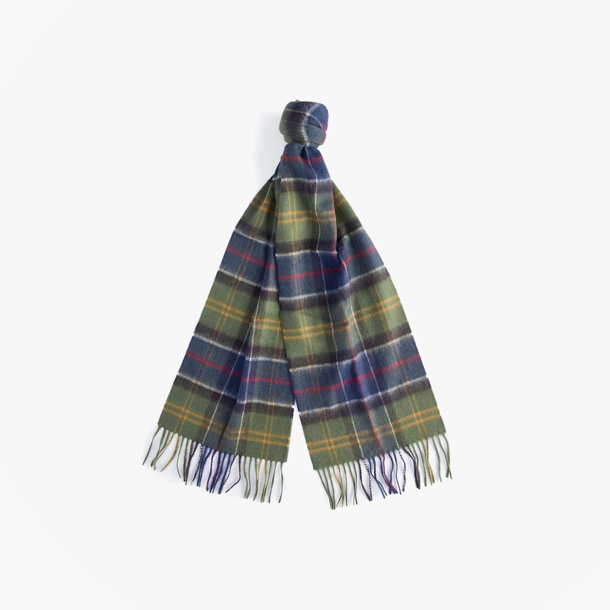Barbour WOOL CASHMERE TARTAN Mens Winter Classic, detail view of a green and blue plaid scarf.