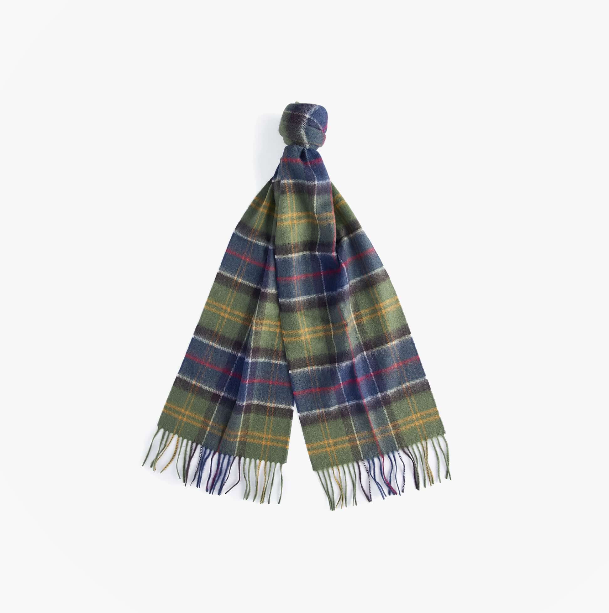 Barbour WOOL CASHMERE TARTAN Mens Winter Classic, detail view of a green and blue plaid scarf.