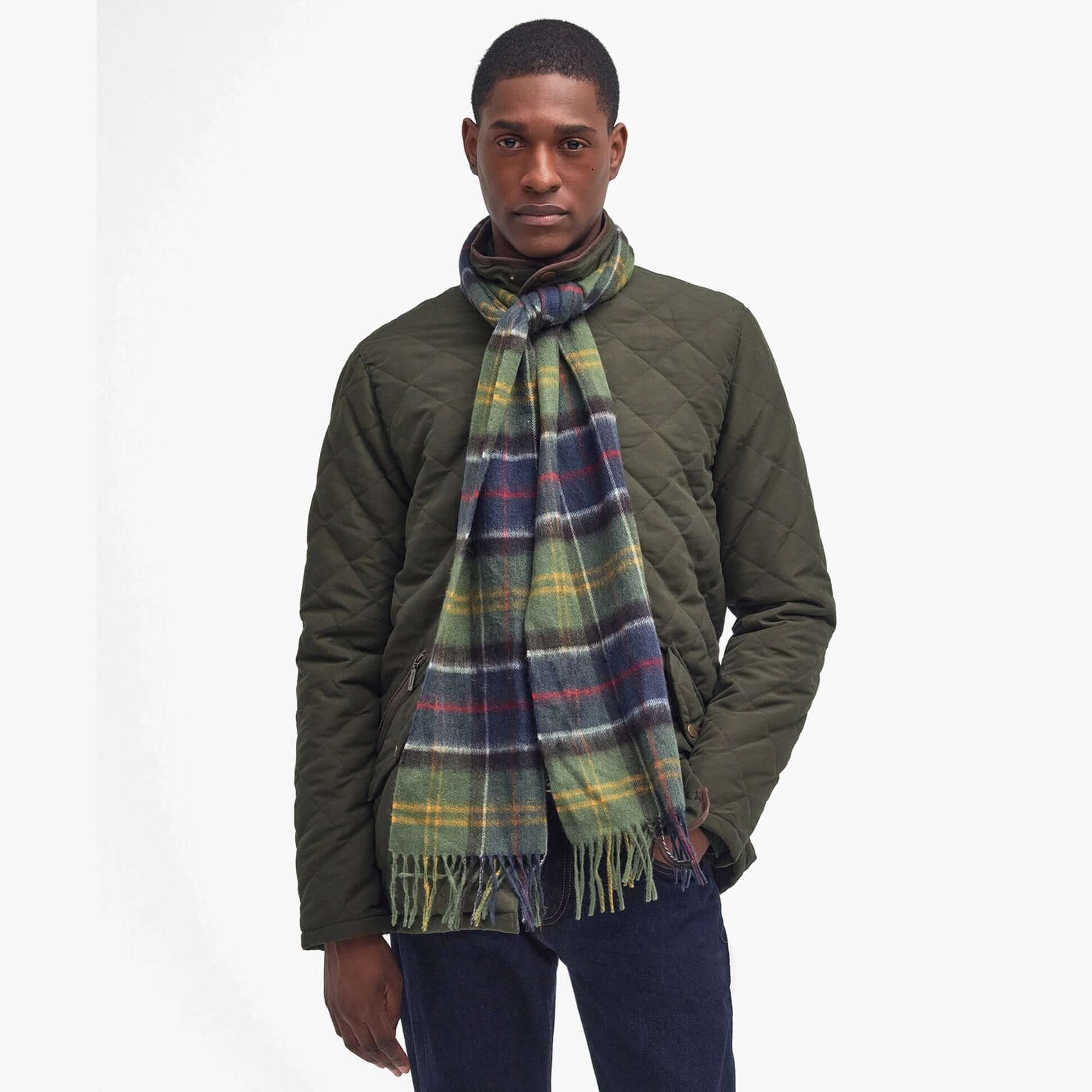 Barbour WOOL CASHMERE TARTAN Mens Winter Classic front view of model wearing scarf with green and plaid design.