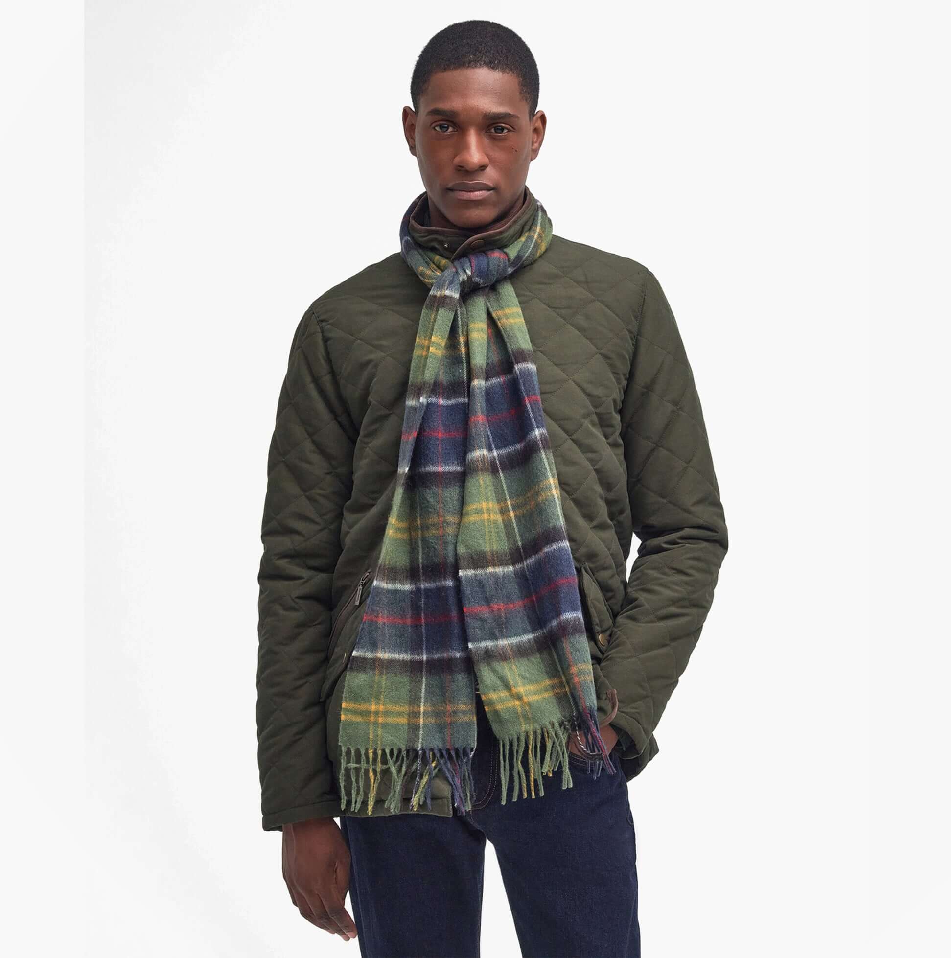 Barbour WOOL CASHMERE TARTAN Mens Winter Classic front view of model wearing scarf with green and plaid design.