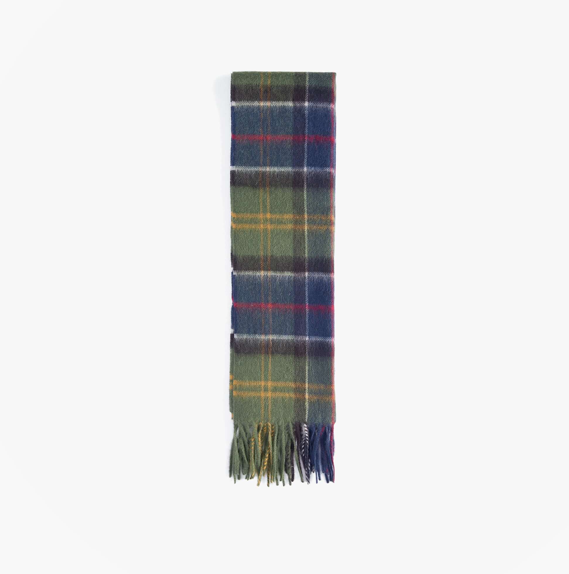 Barbour WOOL CASHMERE TARTAN Mens Winter Classic scarf, front view, featuring plaid pattern in green, navy and red.