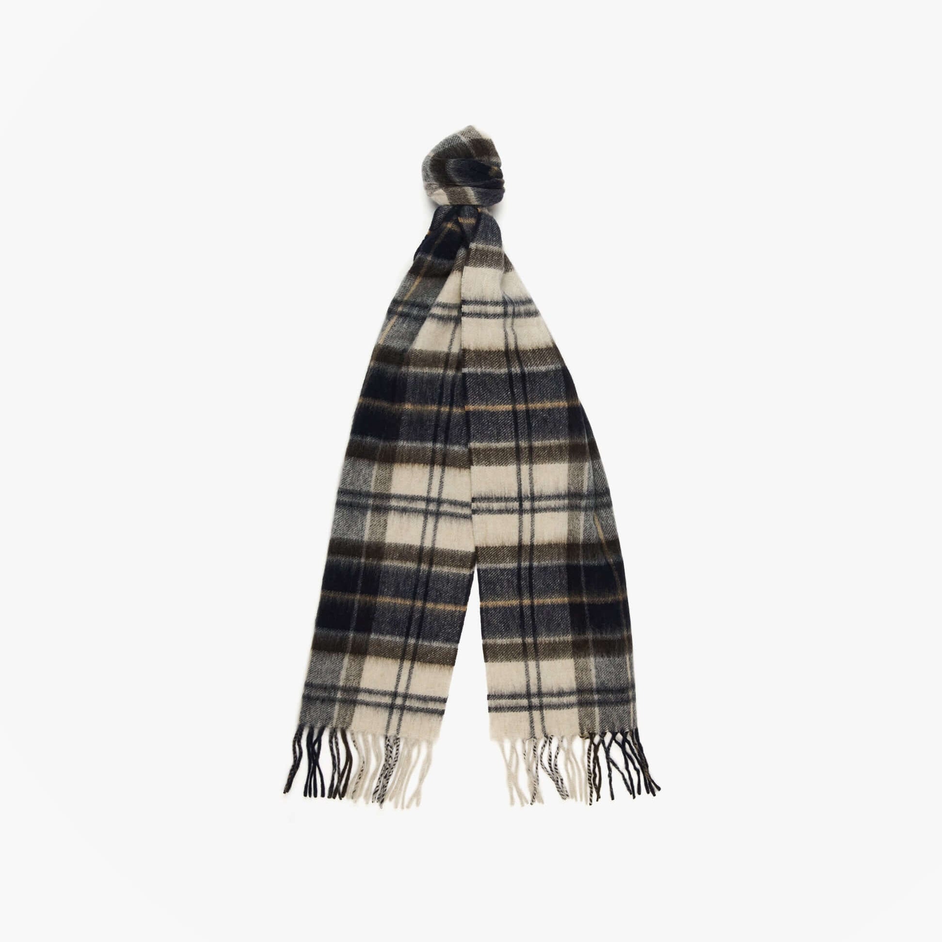 Barbour WOOL CASHMERE TARTAN Mens Winter Autumn Dress, front view of a plaid scarf in navy and cream colors.