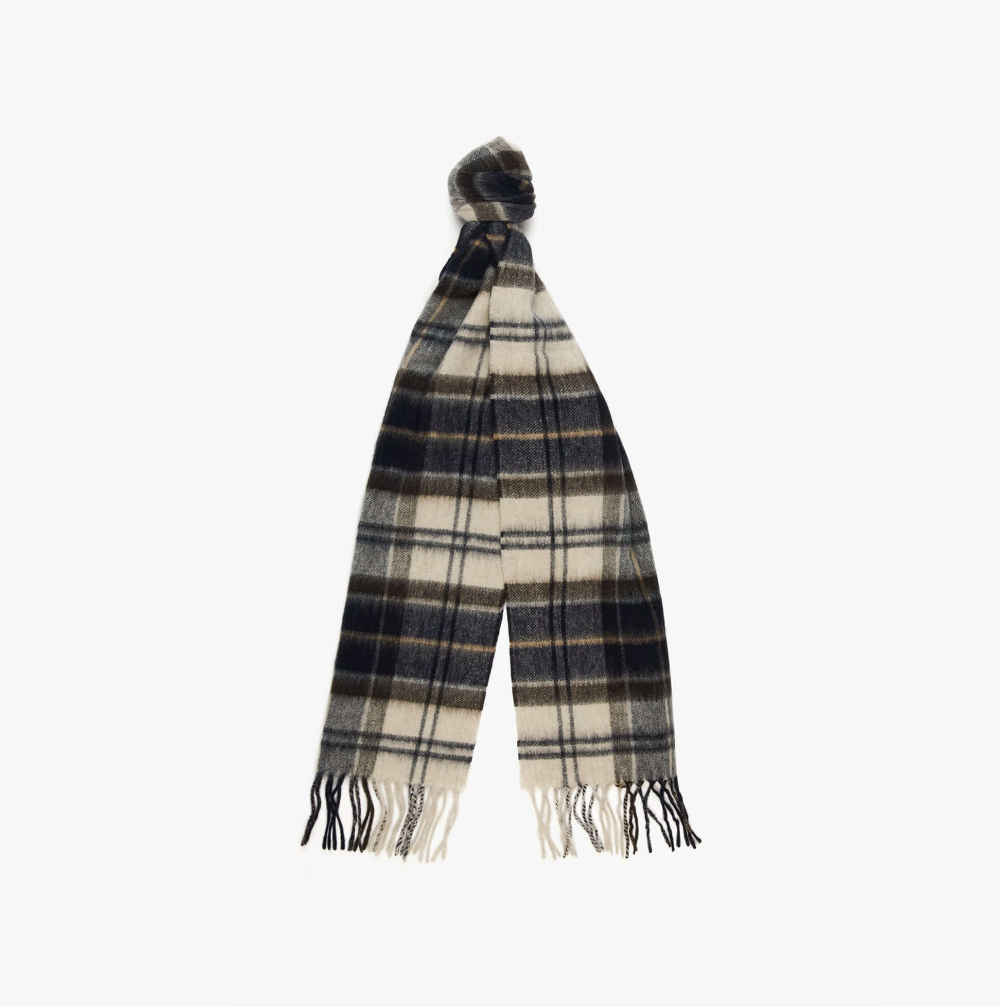 Barbour WOOL CASHMERE TARTAN Mens Winter Autumn Dress, front view of a plaid scarf in navy and cream colors.