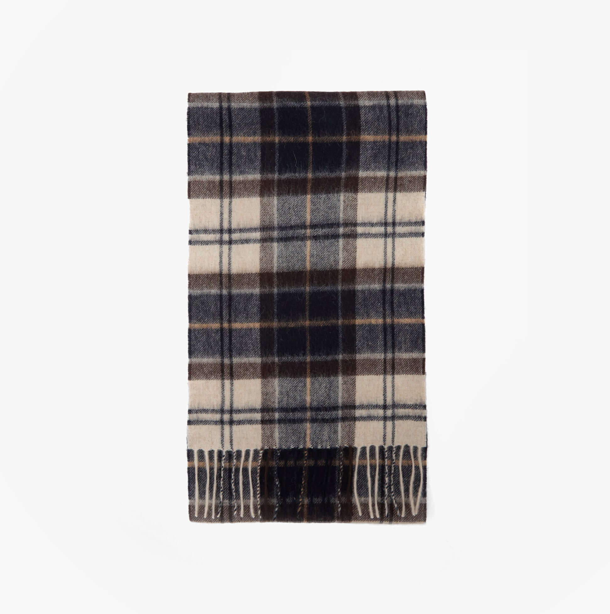 Barbour WOOL CASHMERE TARTAN Mens Winter Autumn Dress front view in shades of dark and light with fringe detail