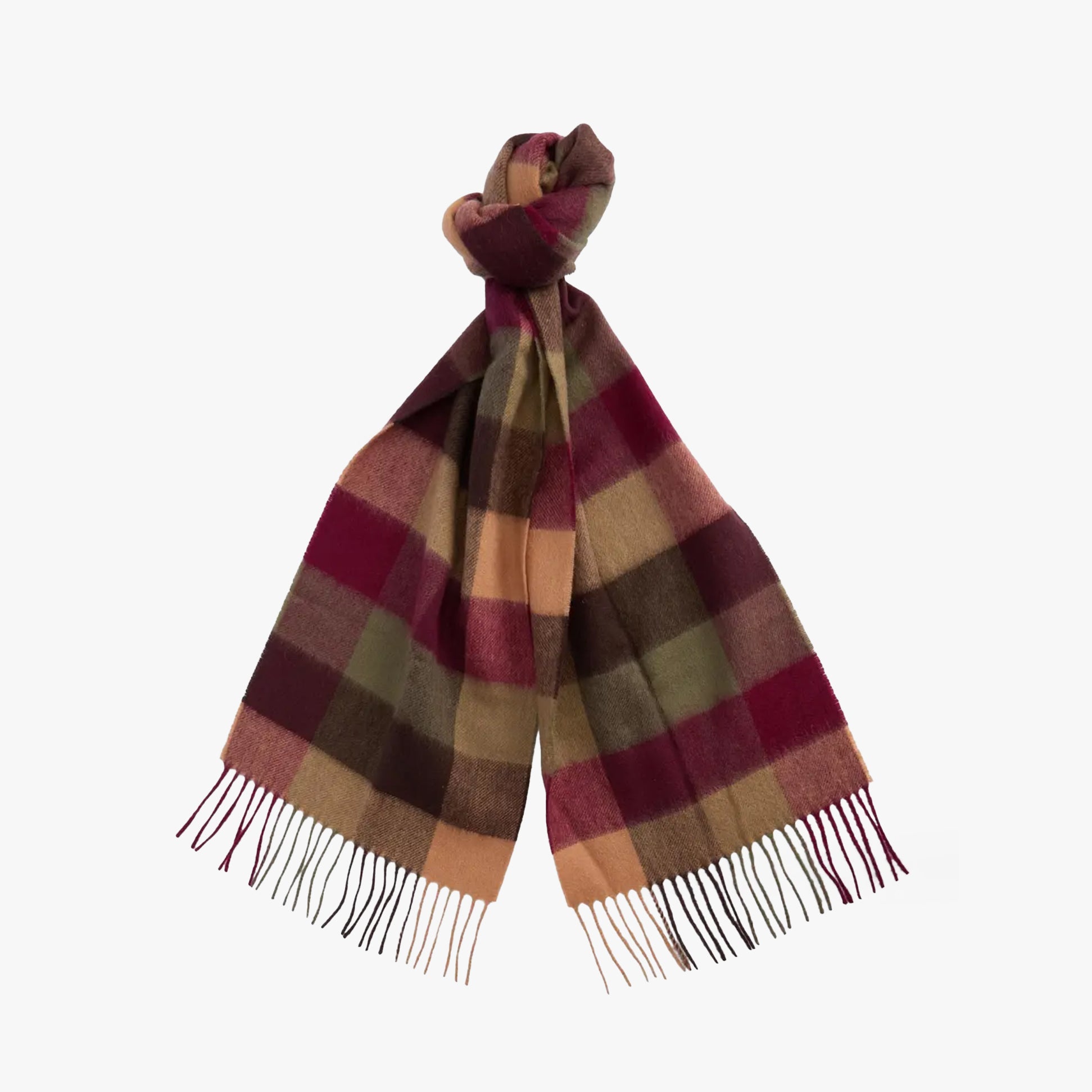 Barbour LAMBSWOOL TATTERSALL Scarf Unisex Adults Tawny Port front view showcasing the all-over Tattersall pattern.