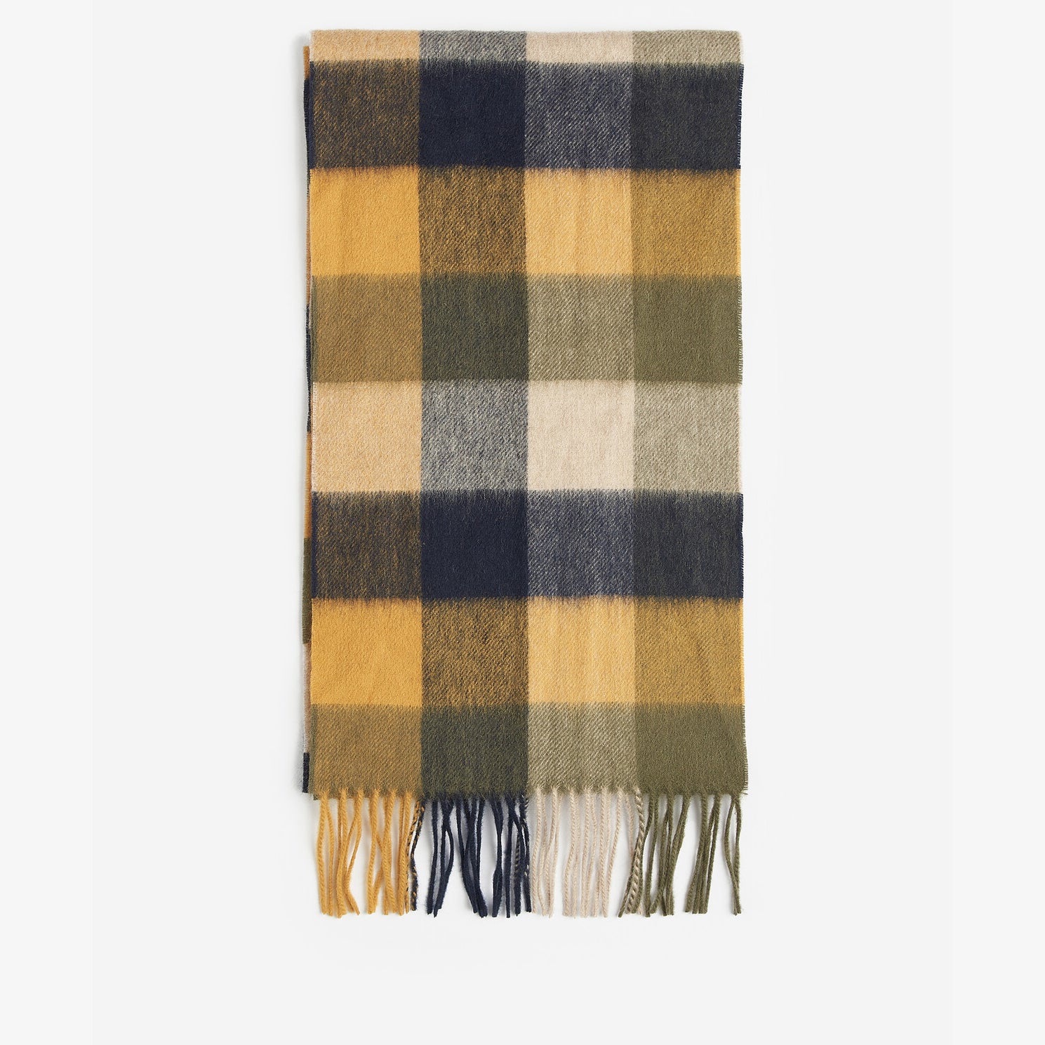 Barbour LAMBSWOOL TATTERSALL Scarf Unisex Adults Forest Mist front view, featuring a tattersall square pattern in earthy tones.