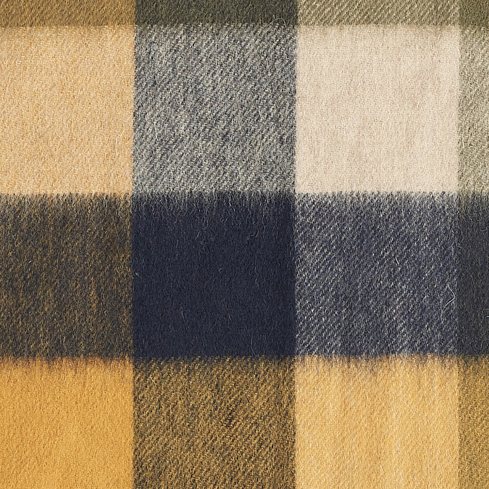 Barbour LAMBSWOOL TATTERSALL Scarf Unisex Adults Forest Mist detail view showing all-over Tattersall square pattern.