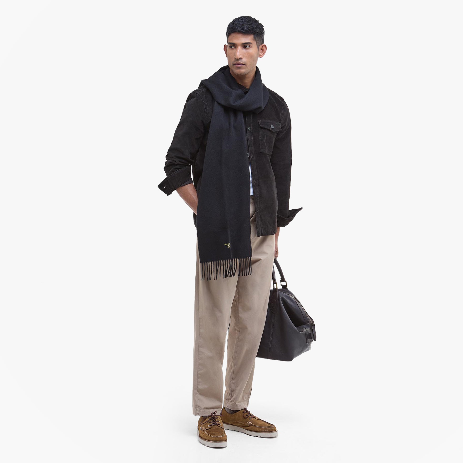 Barbour PLAIN LAMBSWOOL Mens Winter Black front view on model, showcasing soft lambswool material and stylish design.