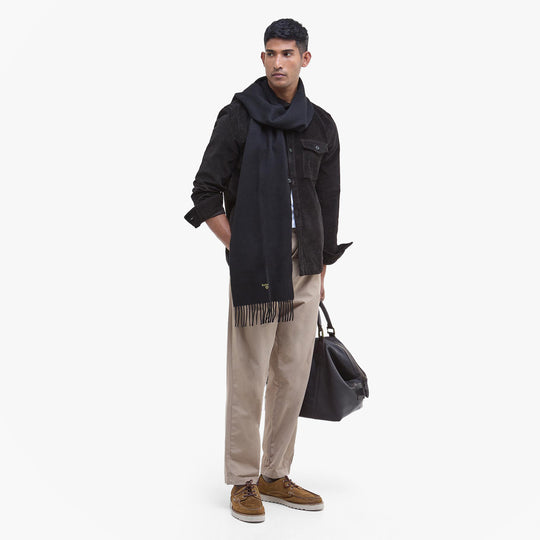 Barbour PLAIN LAMBSWOOL Mens Winter Black front view on model, showcasing soft lambswool material and stylish design.