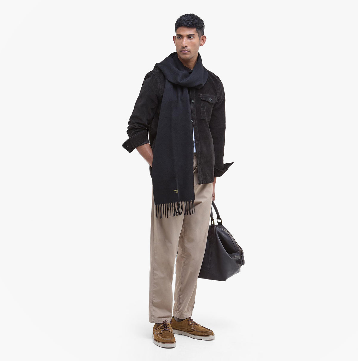 Barbour PLAIN LAMBSWOOL Mens Winter Black front view on model, showcasing soft lambswool material and stylish design.