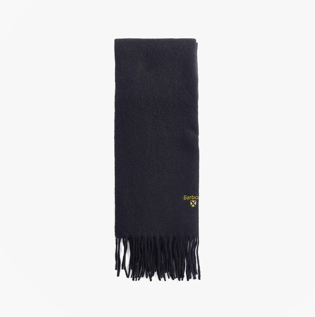 Barbour PLAIN LAMBSWOOL Mens Winter Black scarf, front view, showcasing lambswool texture and yellow logo design.