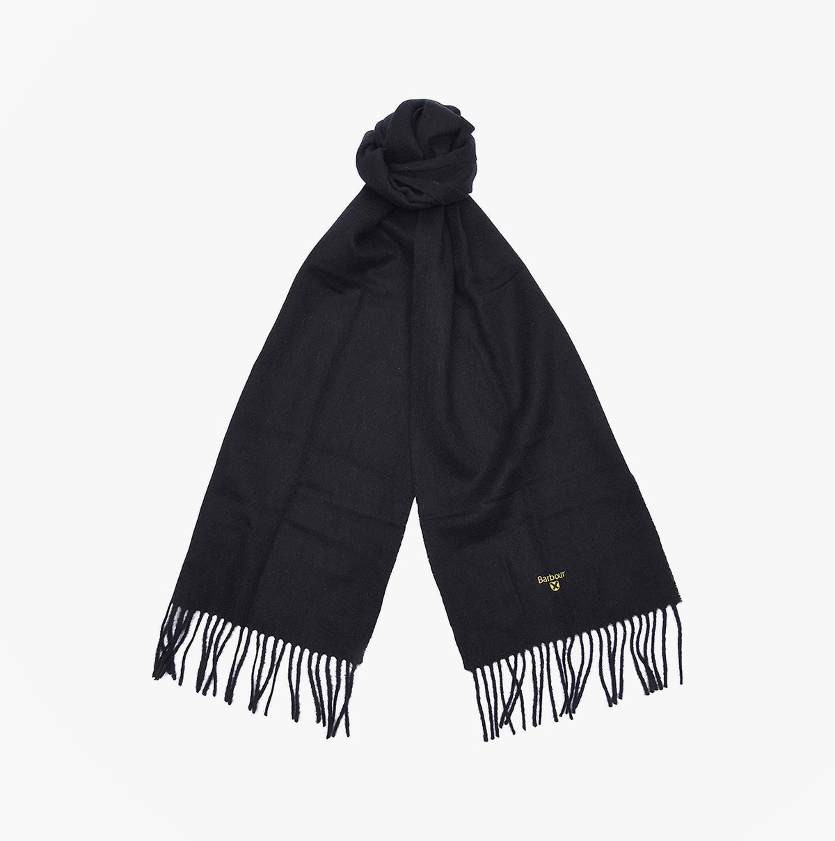 Barbour PLAIN LAMBSWOOL Mens Winter Black scarf front view with fringe detail, elegant lambswool design.