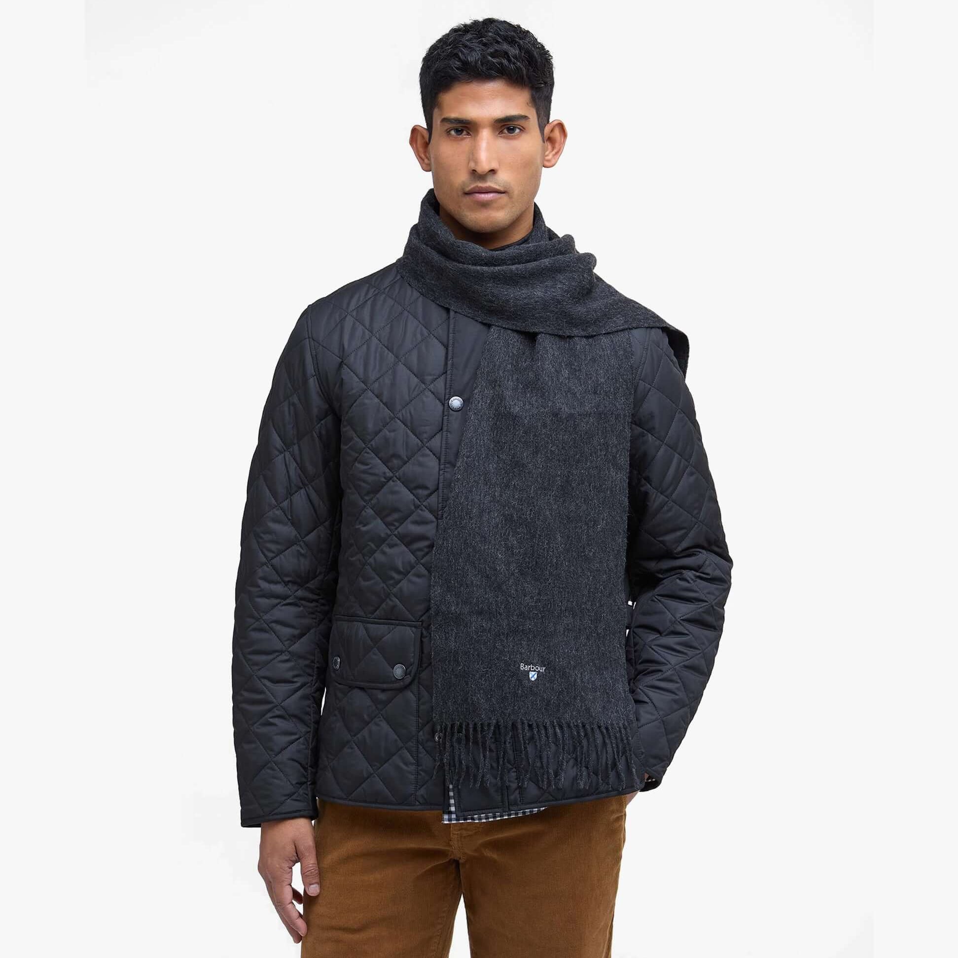 Barbour PLAIN LAMBSWOOL Mens Winter Charcoal/Grey detail view of scarf worn with a quilted jacket