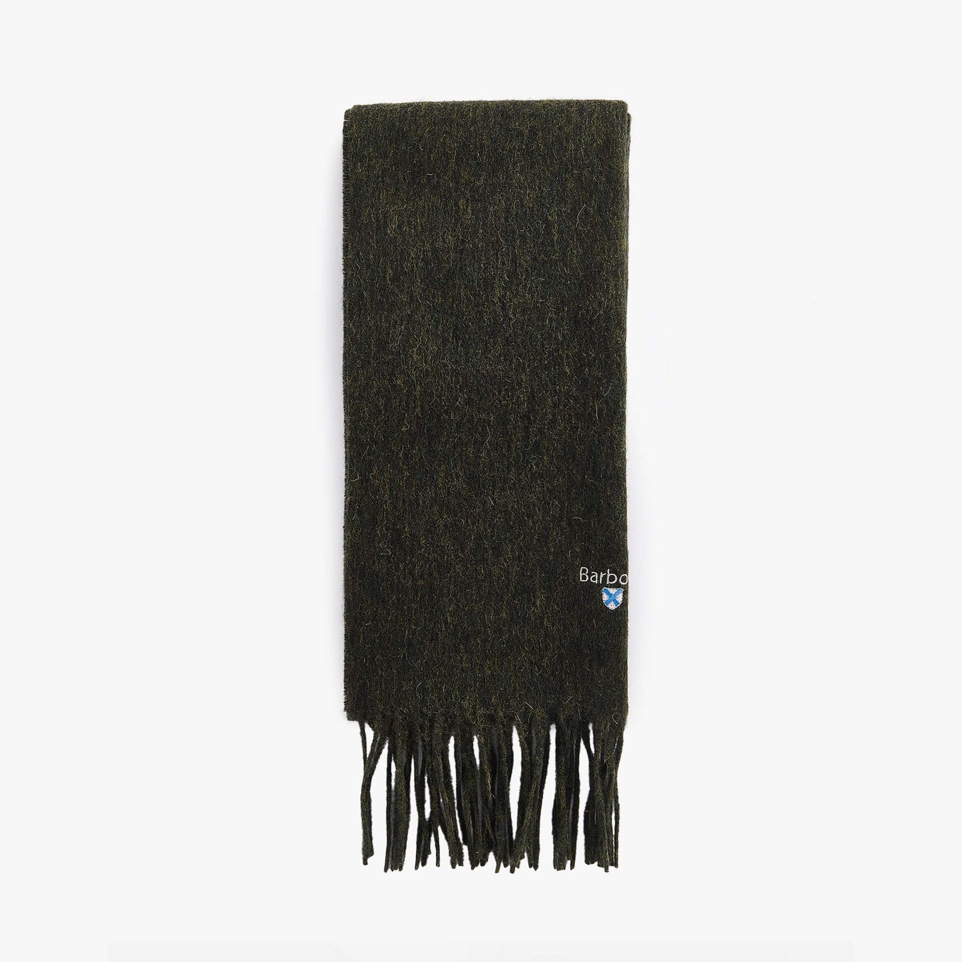 Barbour PLAIN LAMBSWOOL Mens Winter Seaweed front view of scarf with fringed edges.