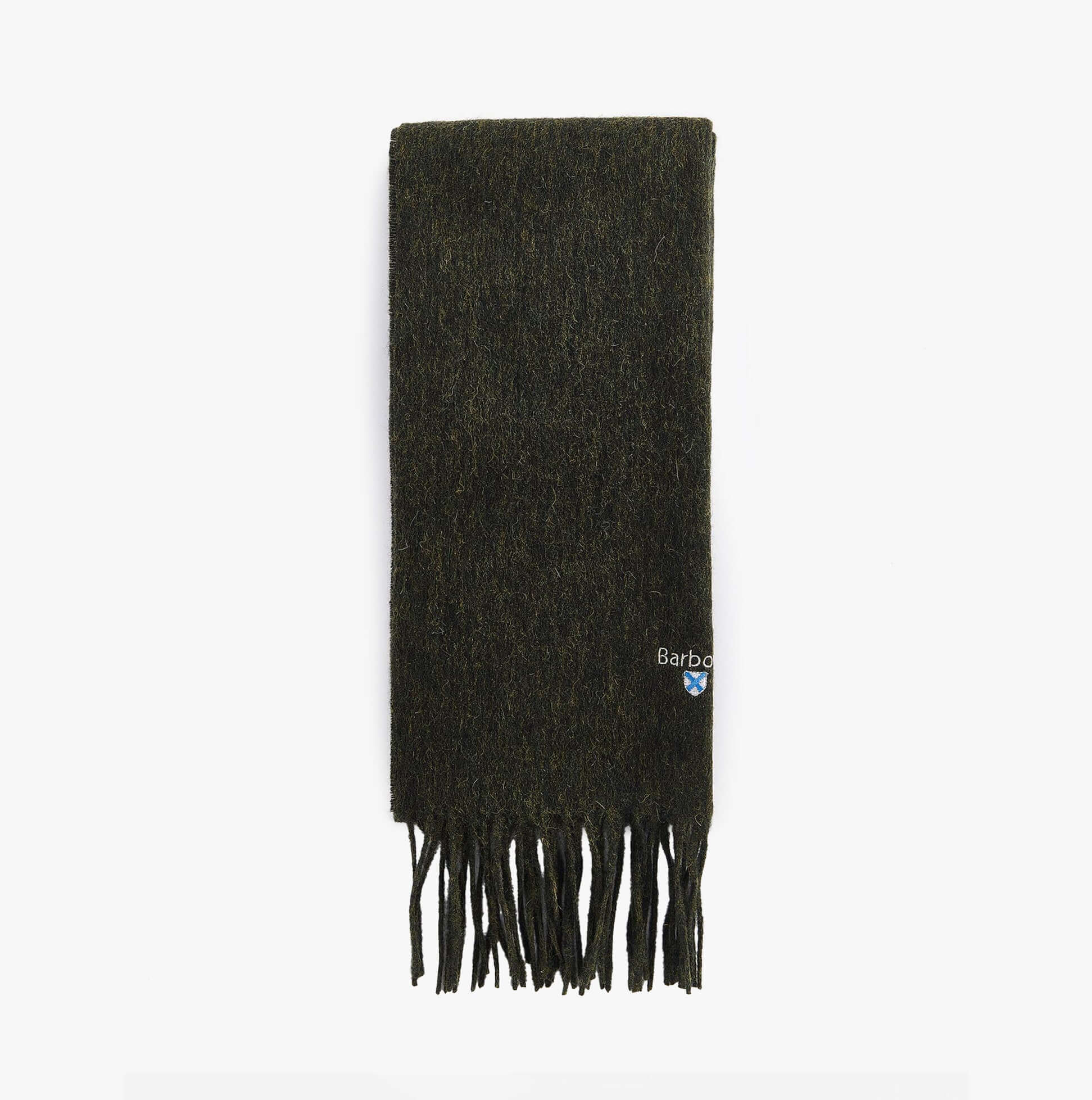Barbour PLAIN LAMBSWOOL Mens Winter Seaweed front view of scarf with fringed edges.