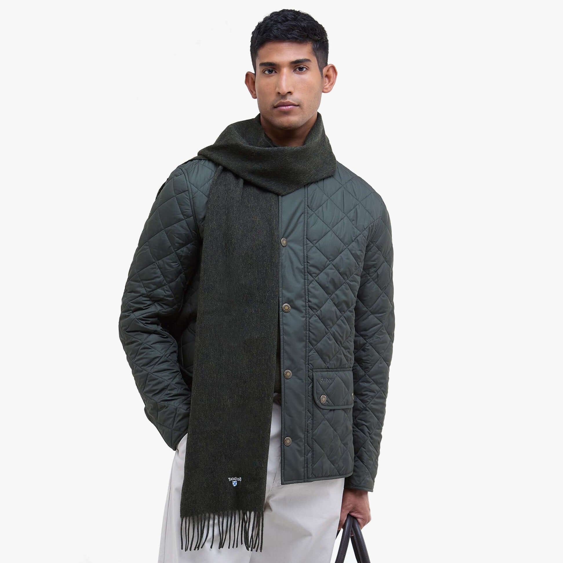 Barbour PLAIN LAMBSWOOL Mens Winter Seaweed scarf worn by model, front view, styled with a quilted jacket.
