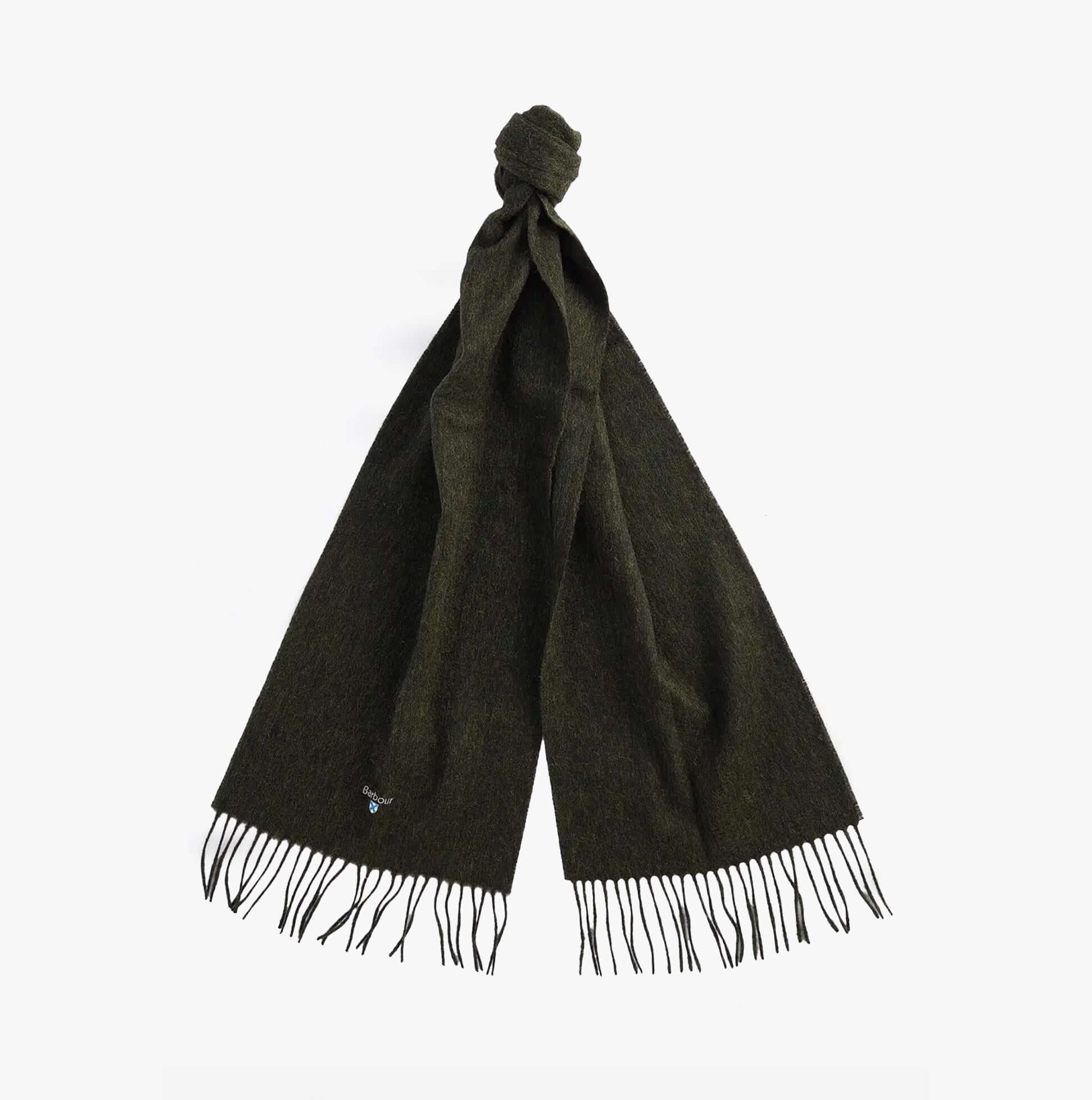 Barbour PLAIN LAMBSWOOL Mens Winter Seaweed scarf, detail view showing texture and fringes.