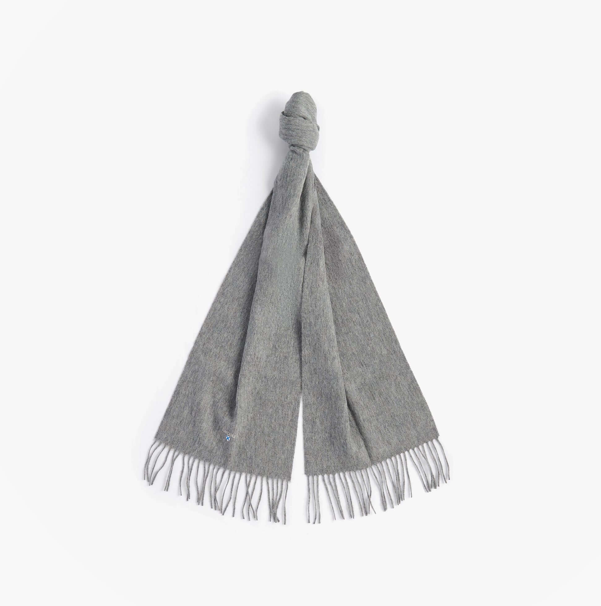 Barbour PLAIN LAMBSWOOL Mens Winter Grey Marl front view scarf with fringes