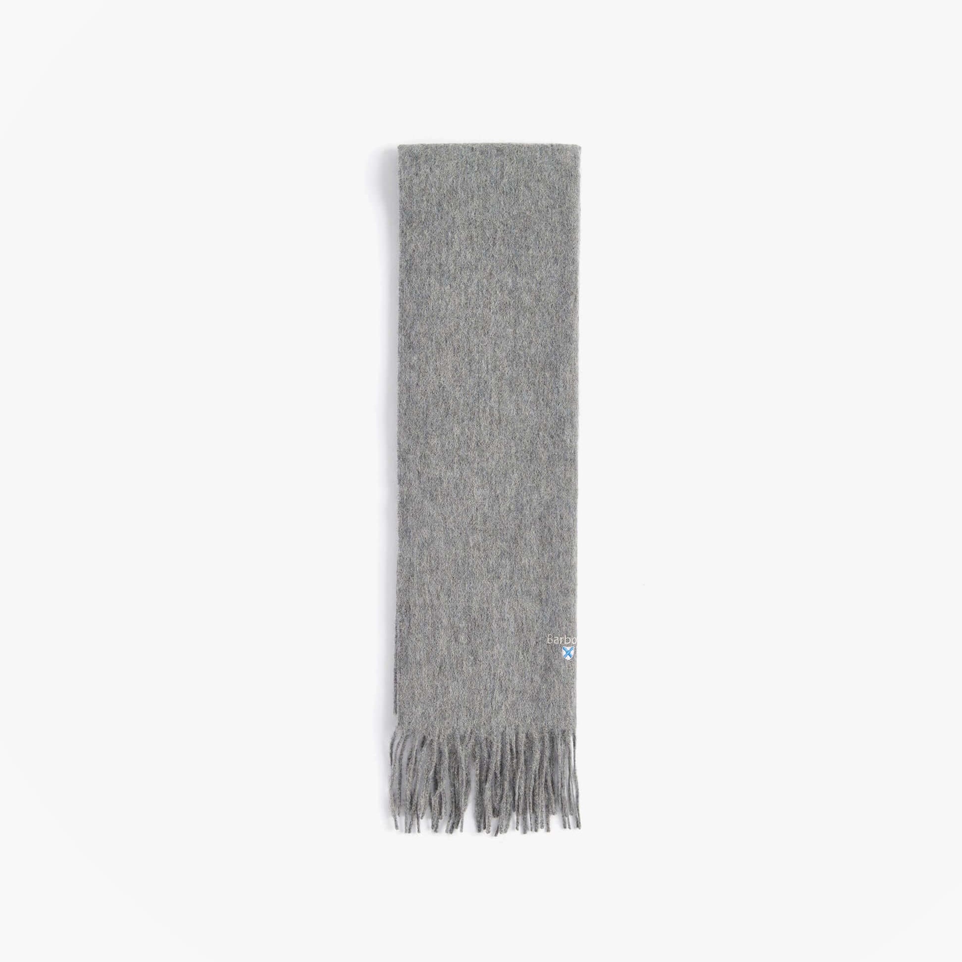 Barbour PLAIN LAMBSWOOL Mens Winter Grey Marl scarf front view, made from 100% lambswool with fringed edges.