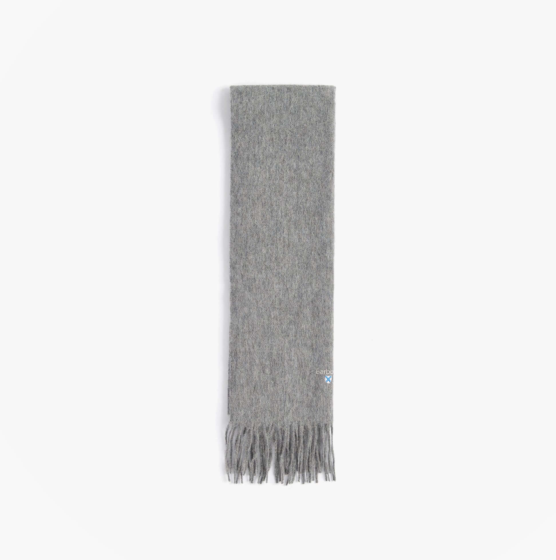 Barbour PLAIN LAMBSWOOL Mens Winter Grey Marl scarf front view, made from 100% lambswool with fringed edges.