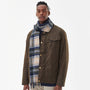 Barbour NEW CHECK Unisex Adults Tartan Scarf Sand Beige Plaid worn by model in front view, featuring checked pattern and tasselled hem.