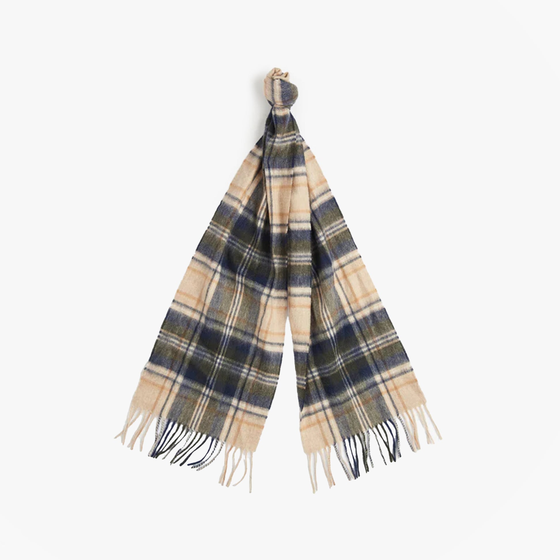 Barbour NEW CHECK Unisex Adults Tartan Scarf Sand Beige Plaid, front view with classic tasselled hem.