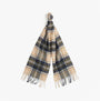 Barbour NEW CHECK Unisex Adults Tartan Scarf Sand Beige Plaid, front view with classic tasselled hem.