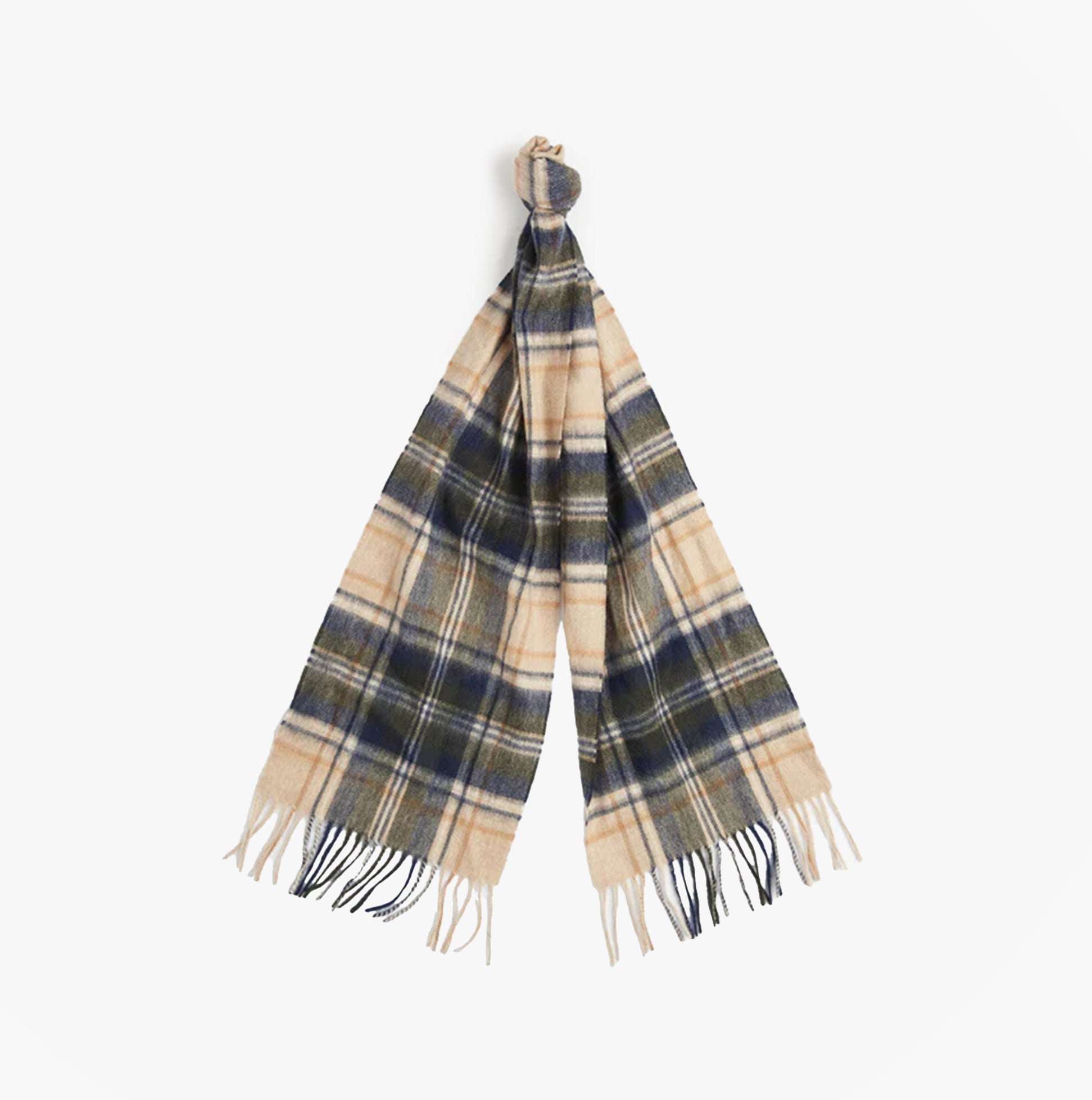 Barbour NEW CHECK Unisex Adults Tartan Scarf Sand Beige Plaid, front view with classic tasselled hem.
