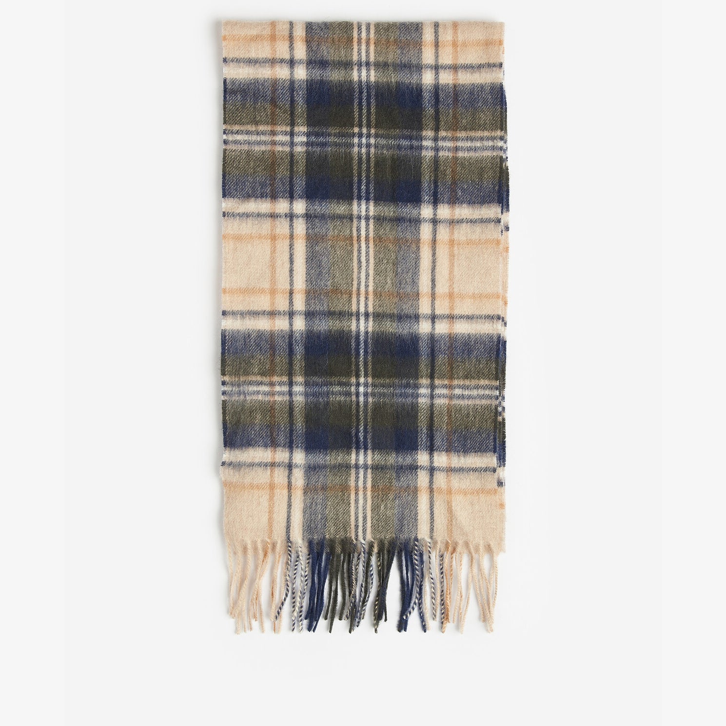 Barbour NEW CHECK Unisex Adults Tartan Scarf Sand Beige Plaid, front view, classic all-over checked pattern with tasselled hem.